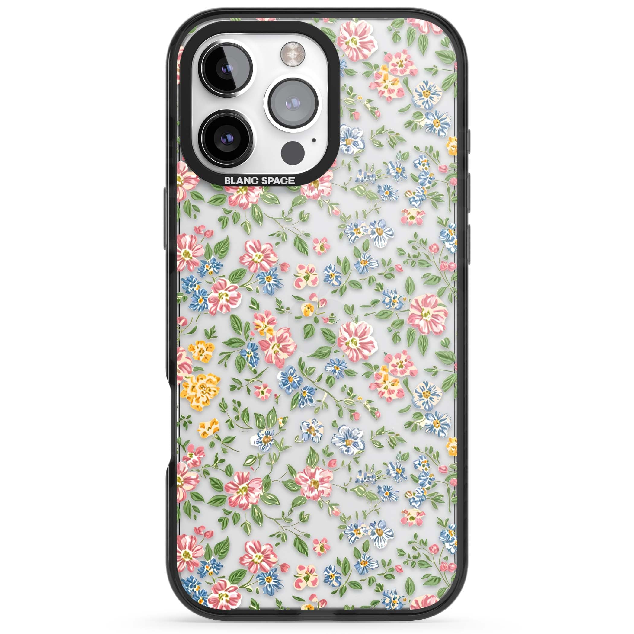 Soft Meadow cottagecore iPhone case featuring pink cosmos, blue forget-me-nots, yellow buttercups and green leaves sca | Black Impact case for iPhone 16 Pro, iPhone 16 Pro Max