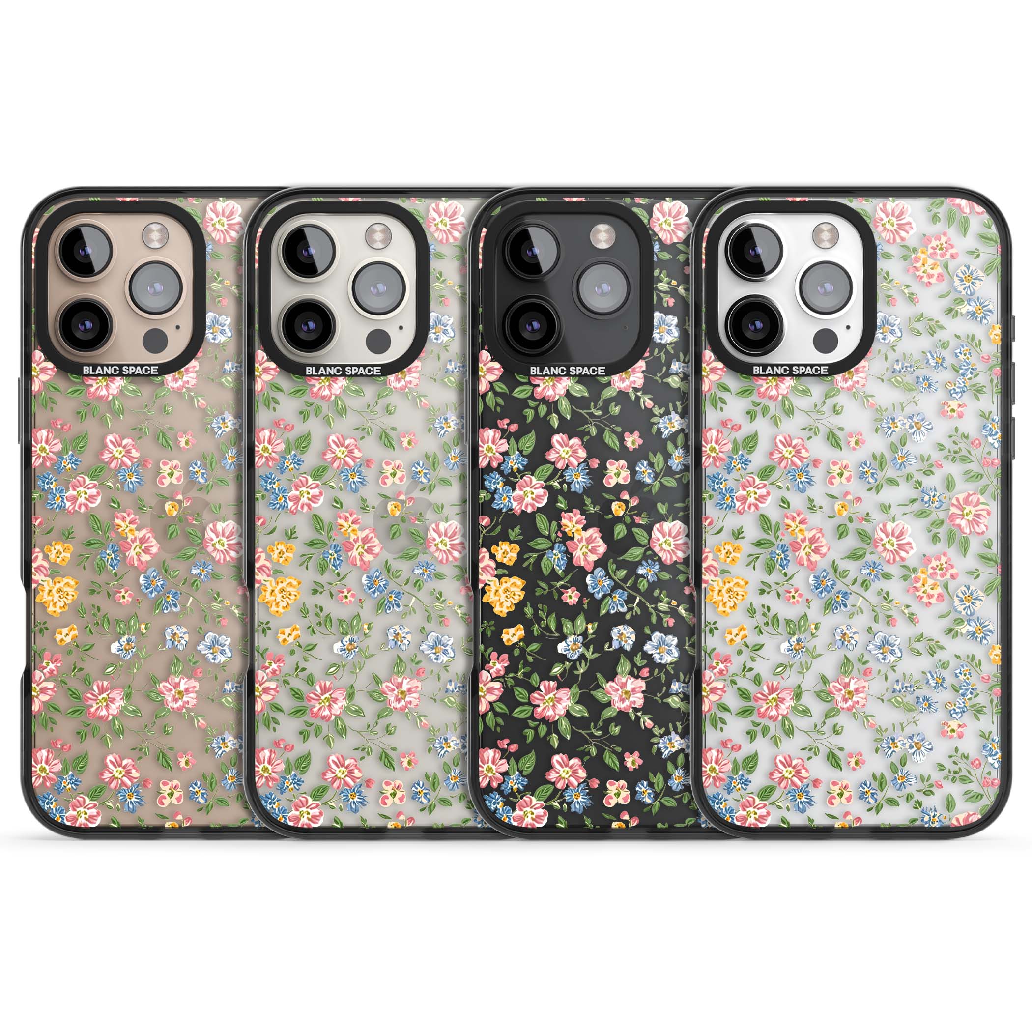 Soft Meadow cottagecore iPhone case featuring pink cosmos, blue forget-me-nots, yellow buttercups and green leaves sca | Black Impact case for iPhone 16 Pro, iPhone 16 Pro Max