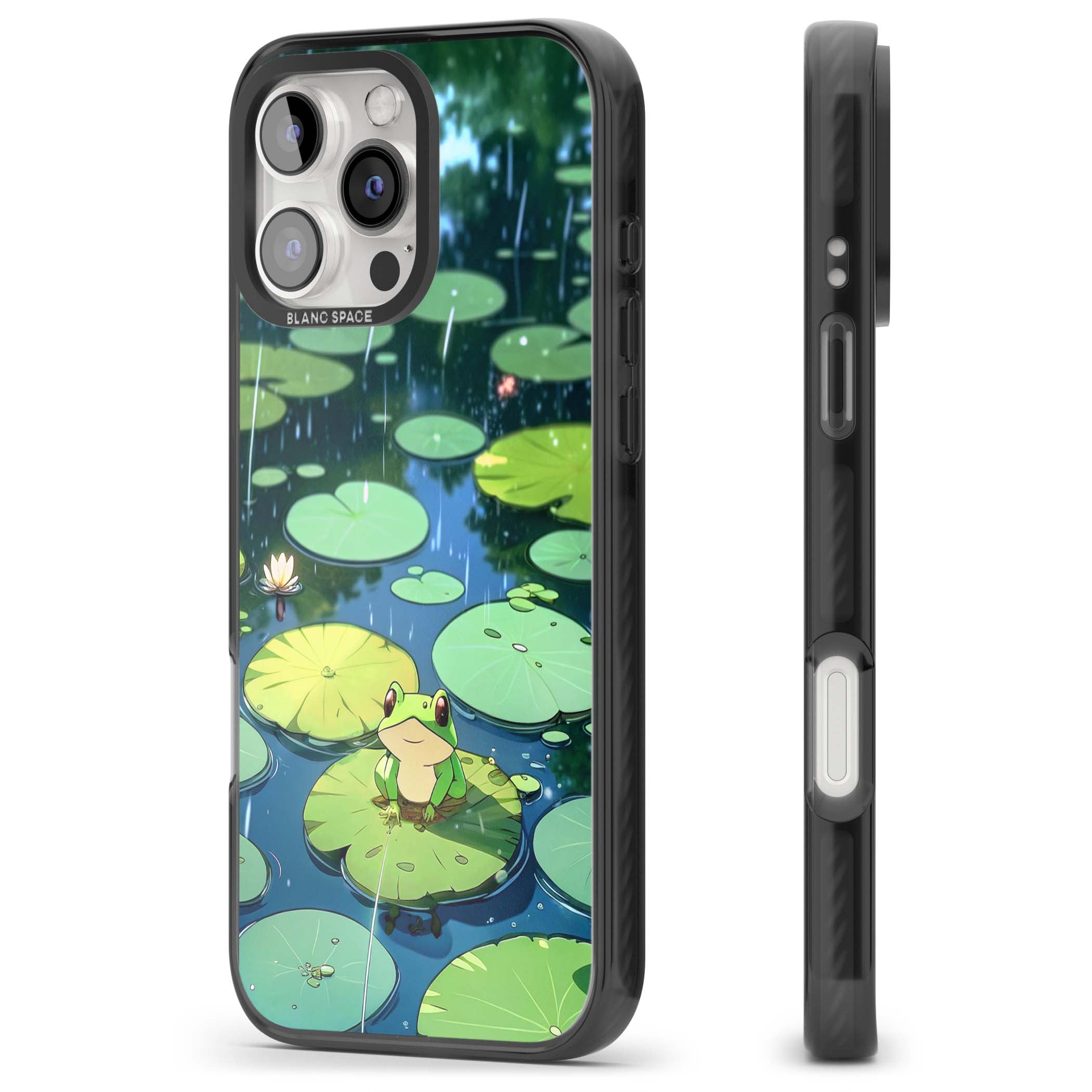 Frog In Lily Pond cottagecore iPhone case featuring a cute green frog on a lily pad with falling rain and a lotus flower | Black Impact case for iPhone 16 Pro, iPhone 16 Pro Max