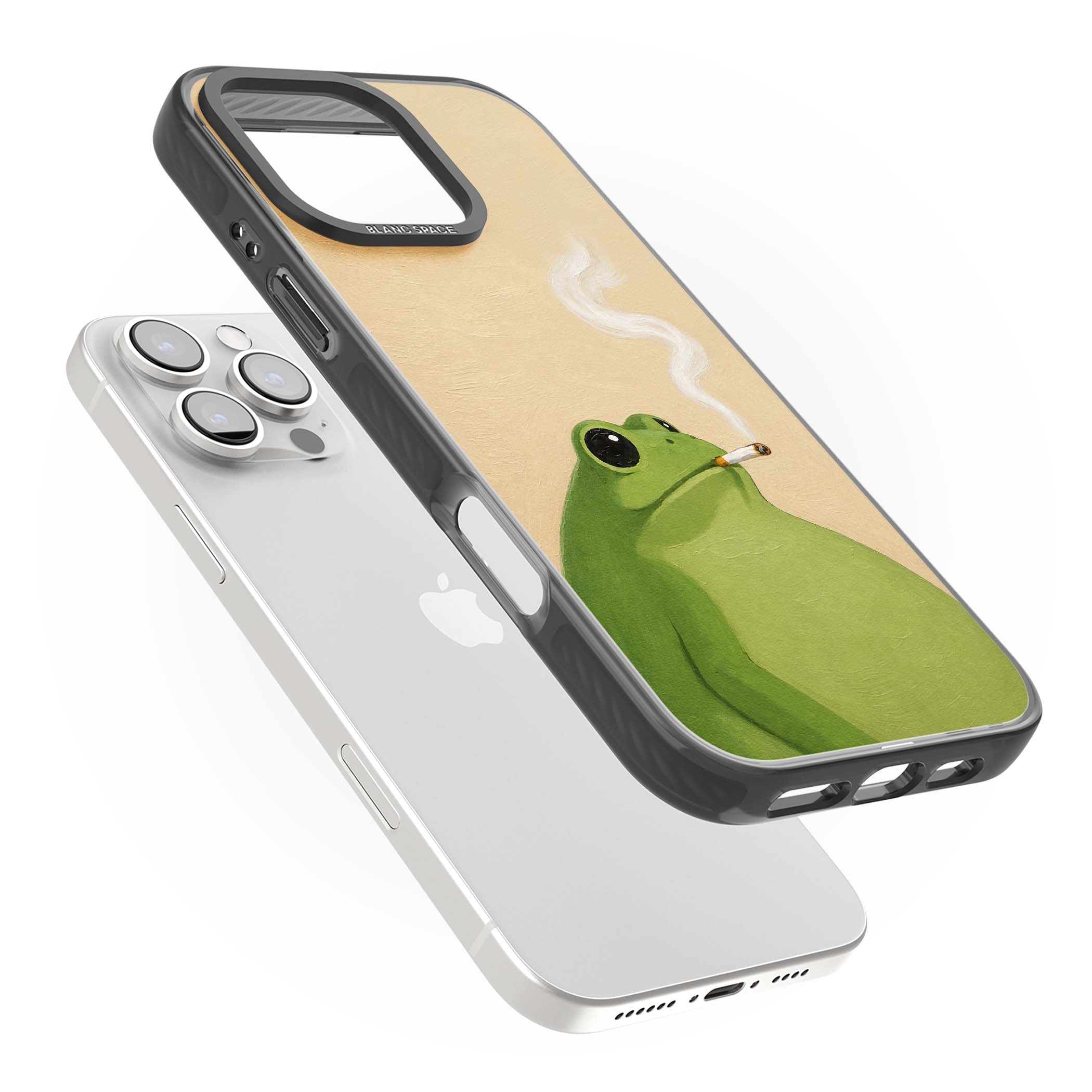 The Smoking Frog cottagecore iPhone case featuring a hand-painted green frog smoking a cigarette on a cream oil painting back | Black Impact case for iPhone 16 Pro, iPhone 16 Pro Max
