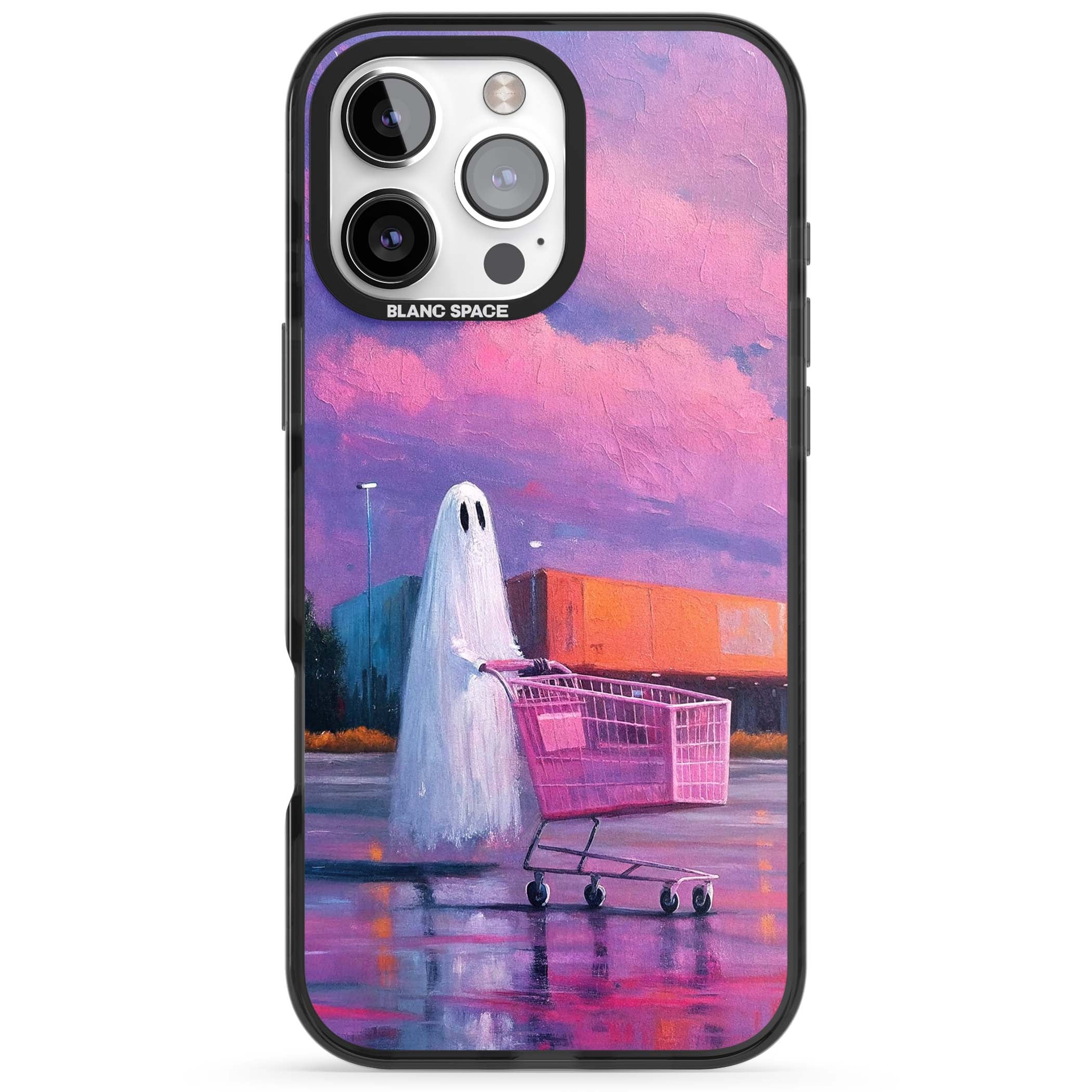 A Ghost's Errand ghost halloween iPhone case featuring a painted ghost, pink shopping trolley and purple sunset sky | Black Impact case for iPhone 16 Pro, iPhone 16 Pro Max