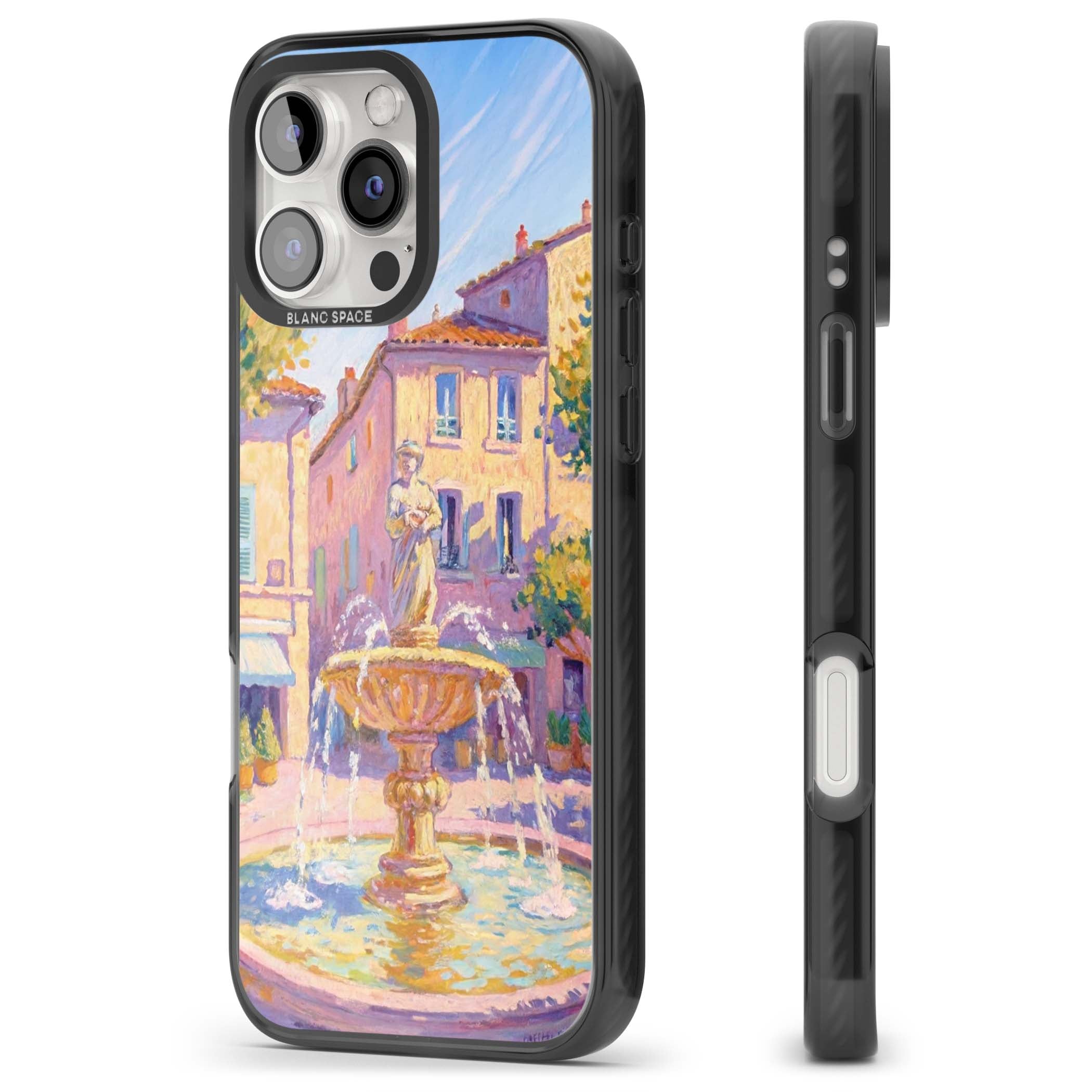 Fountain Square fine art iPhone case featuring an impressionist Provençal fountain, pastel village buildings and summe | Black Impact case for iPhone 16 Pro, iPhone 16 Pro Max