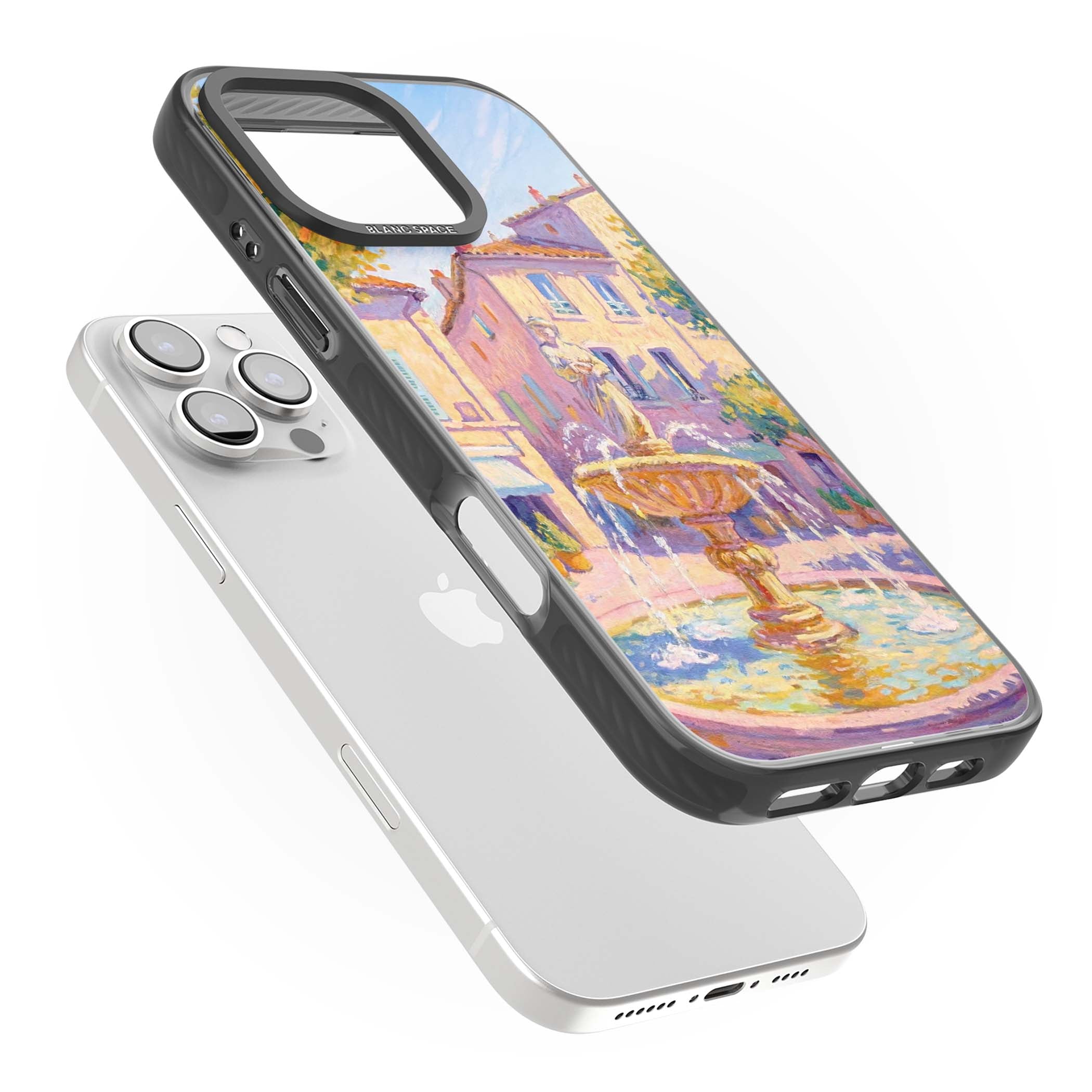 Fountain Square fine art iPhone case featuring an impressionist Provençal fountain, pastel village buildings and summe | Black Impact case for iPhone 16 Pro, iPhone 16 Pro Max