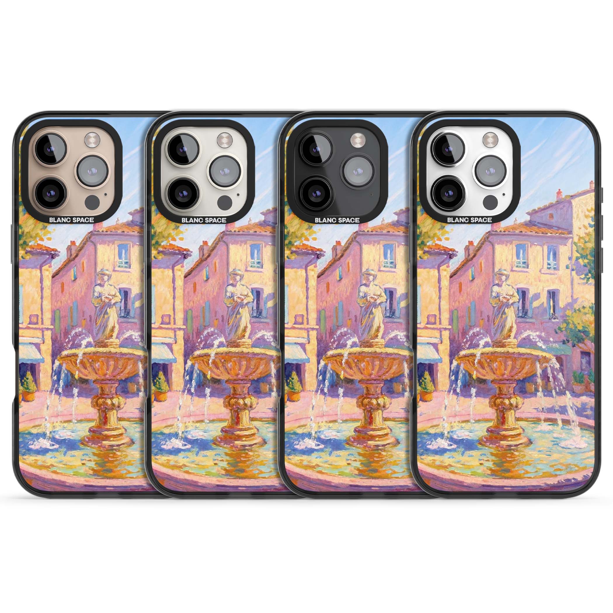 Fountain Square fine art iPhone case featuring an impressionist Provençal fountain, pastel village buildings and summe | Black Impact case for iPhone 16 Pro, iPhone 16 Pro Max