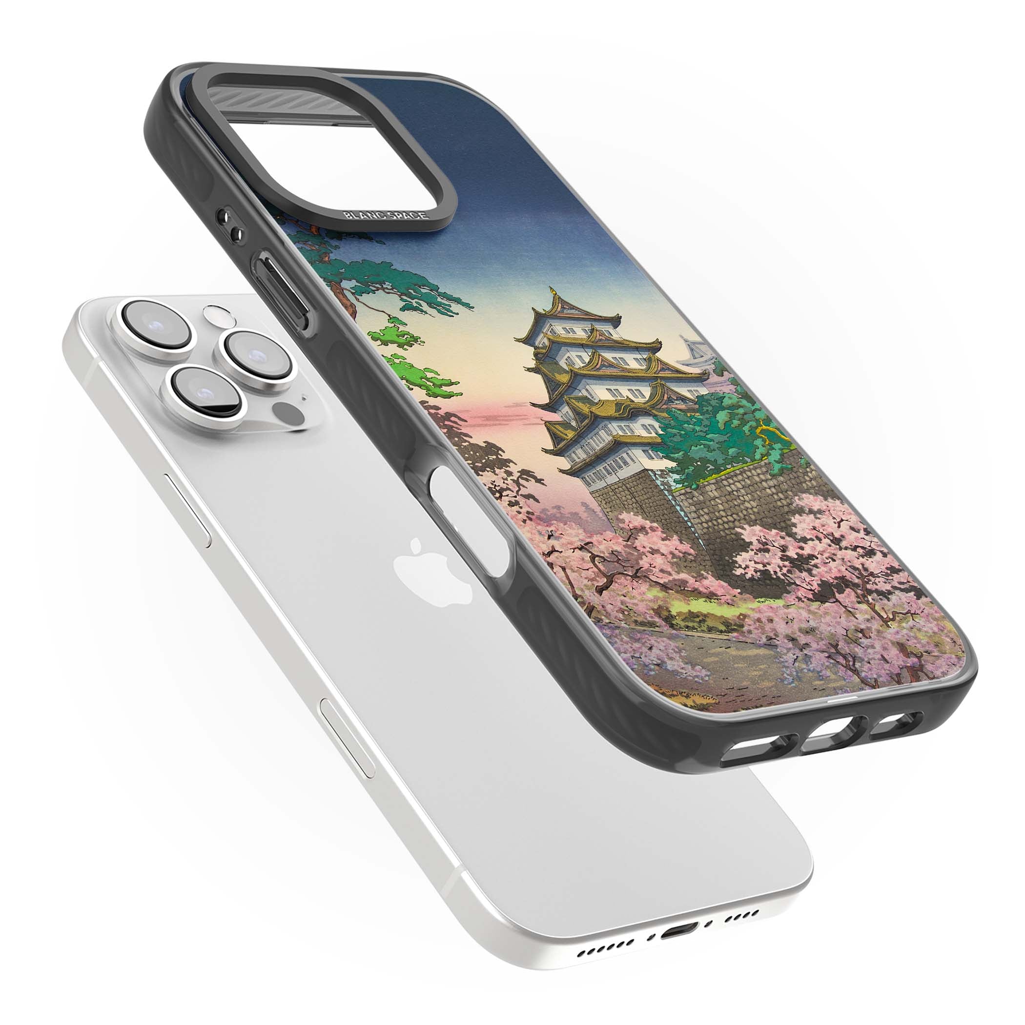 Nagoya Castle Japanese iPhone case featuring a vintage pagoda, twilight sky and cherry blossom trees | Black Impact case for iPhone 16 Pro, iPhone 16 Pro Max
