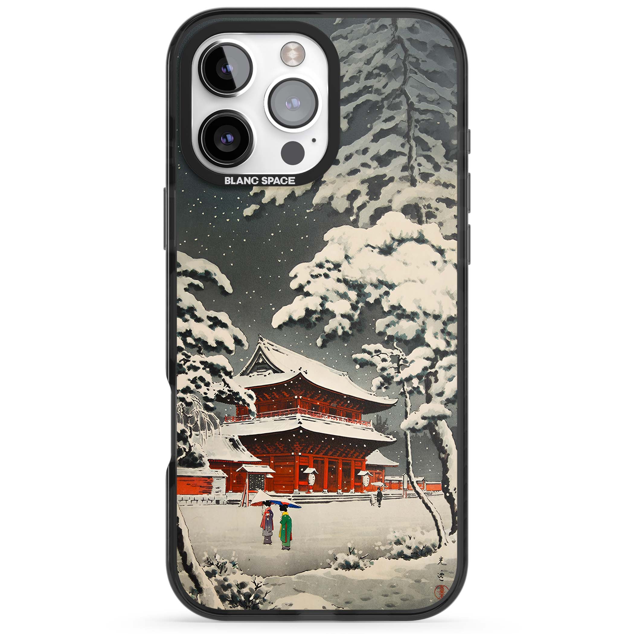 Snow at Shiha Park, Tokyo Japanese art iPhone case featuring a vintage ukiyo-e snowy temple, red pagoda, and snow-covered pin | Black Impact case for iPhone 16 Pro, iPhone 16 Pro Max