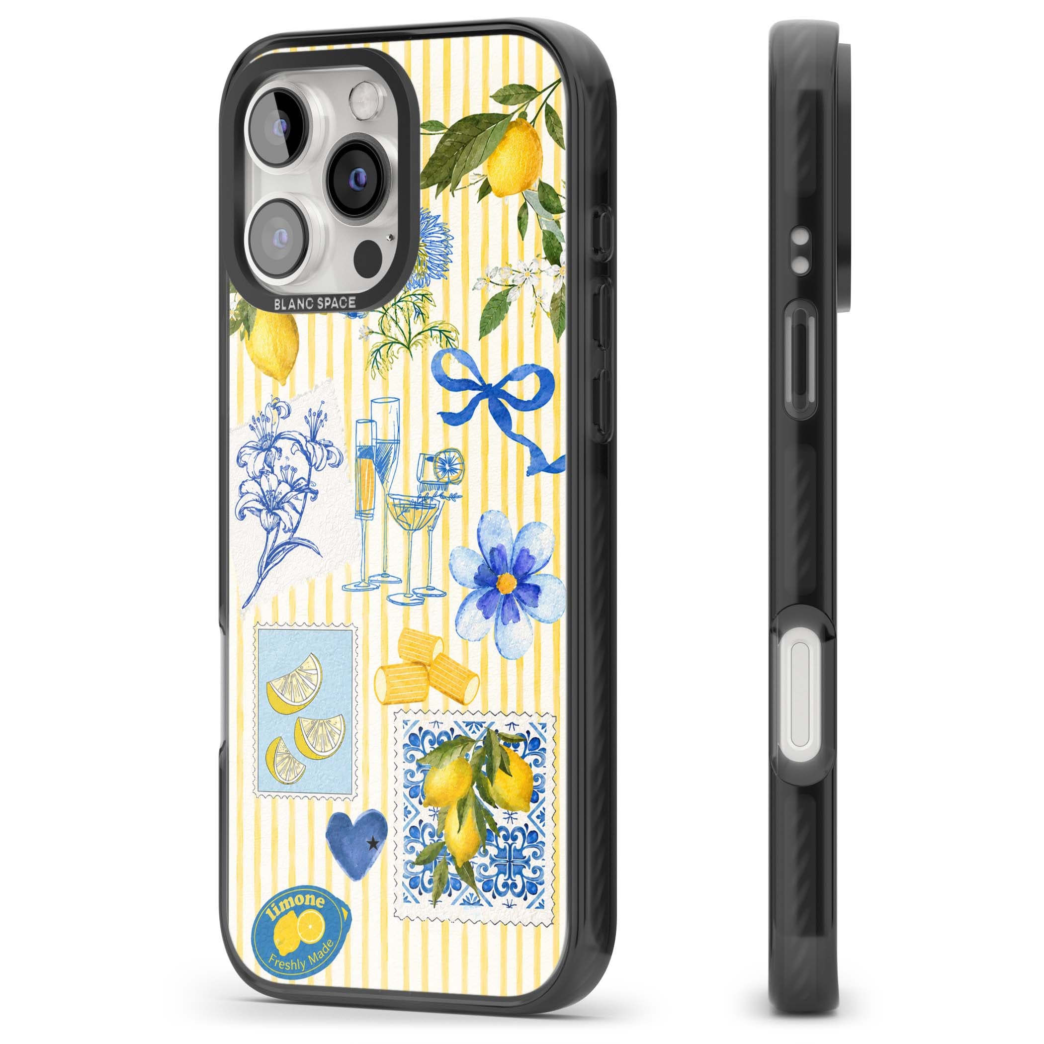 Limone Riviera Italian summer iPhone case featuring watercolour lemons, blue ribbon bows and majolica tile stamps on... | Black Impact case for iPhone 16 Pro, iPhone 16 Pro Max