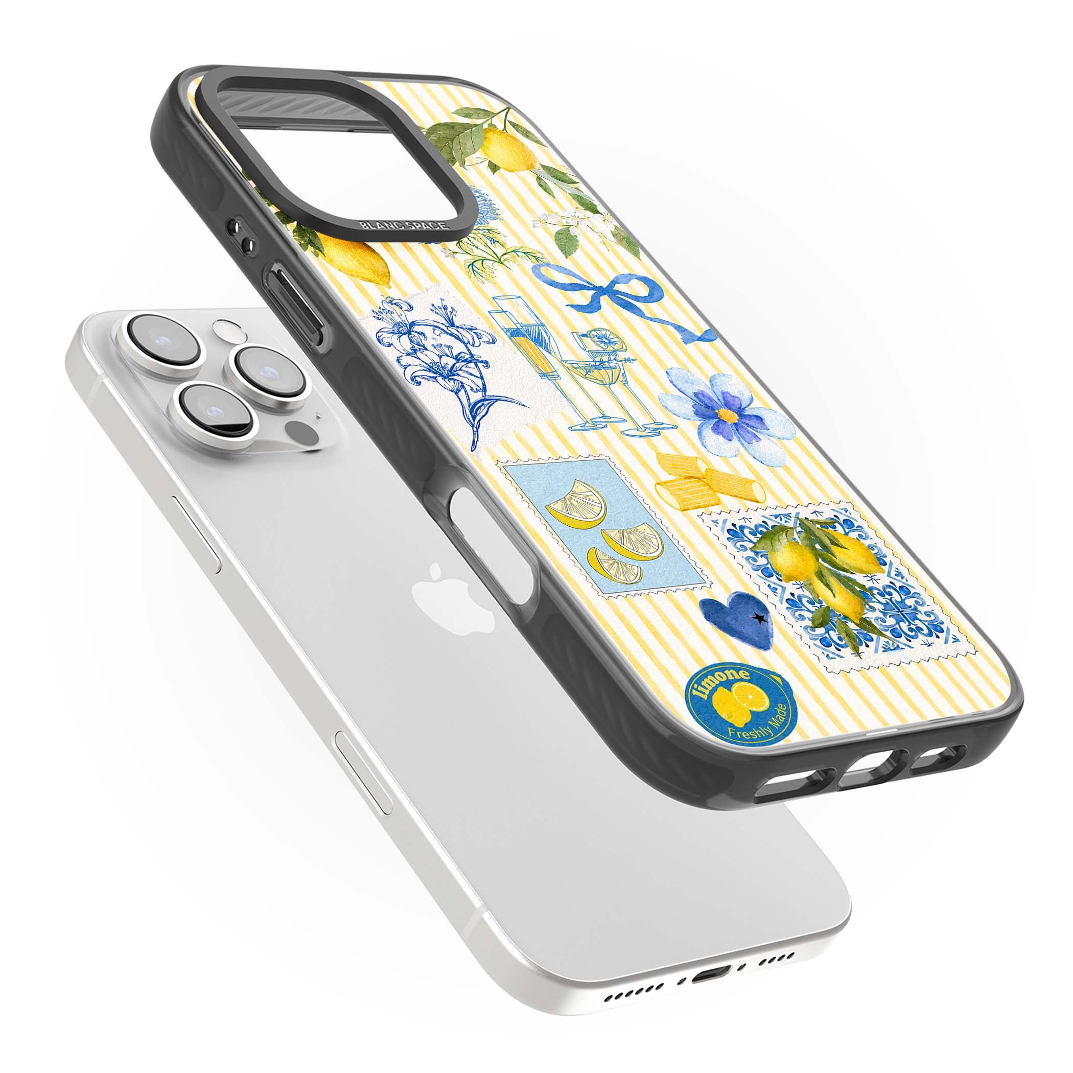 Limone Riviera Italian summer iPhone case featuring watercolour lemons, blue ribbon bows and majolica tile stamps on... | Black Impact case for iPhone 16 Pro, iPhone 16 Pro Max
