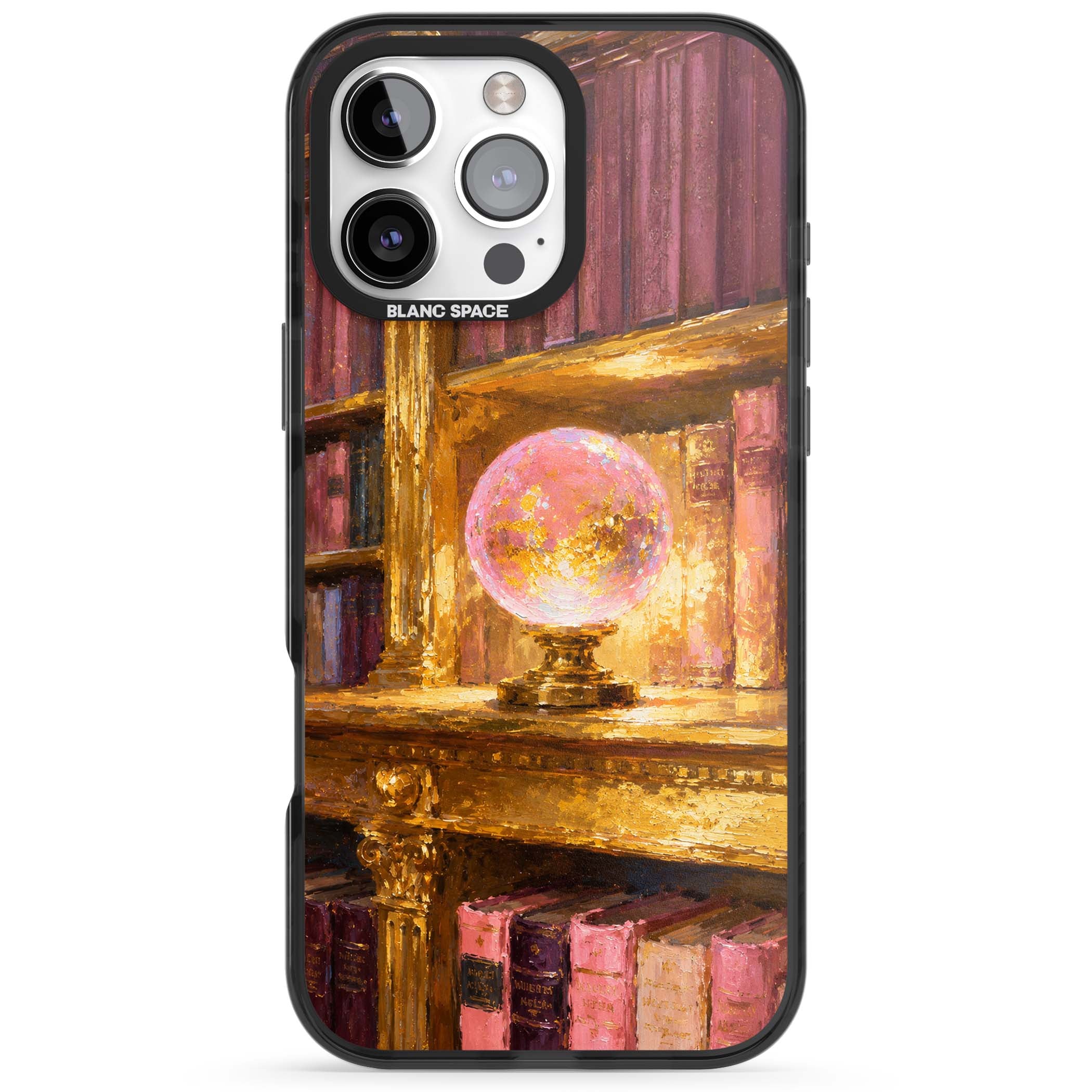 Gilded Library dark academia iPhone case featuring an oil painted crystal ball on a gilded library shelf with vintage | Black Impact case for iPhone 16 Pro, iPhone 16 Pro Max