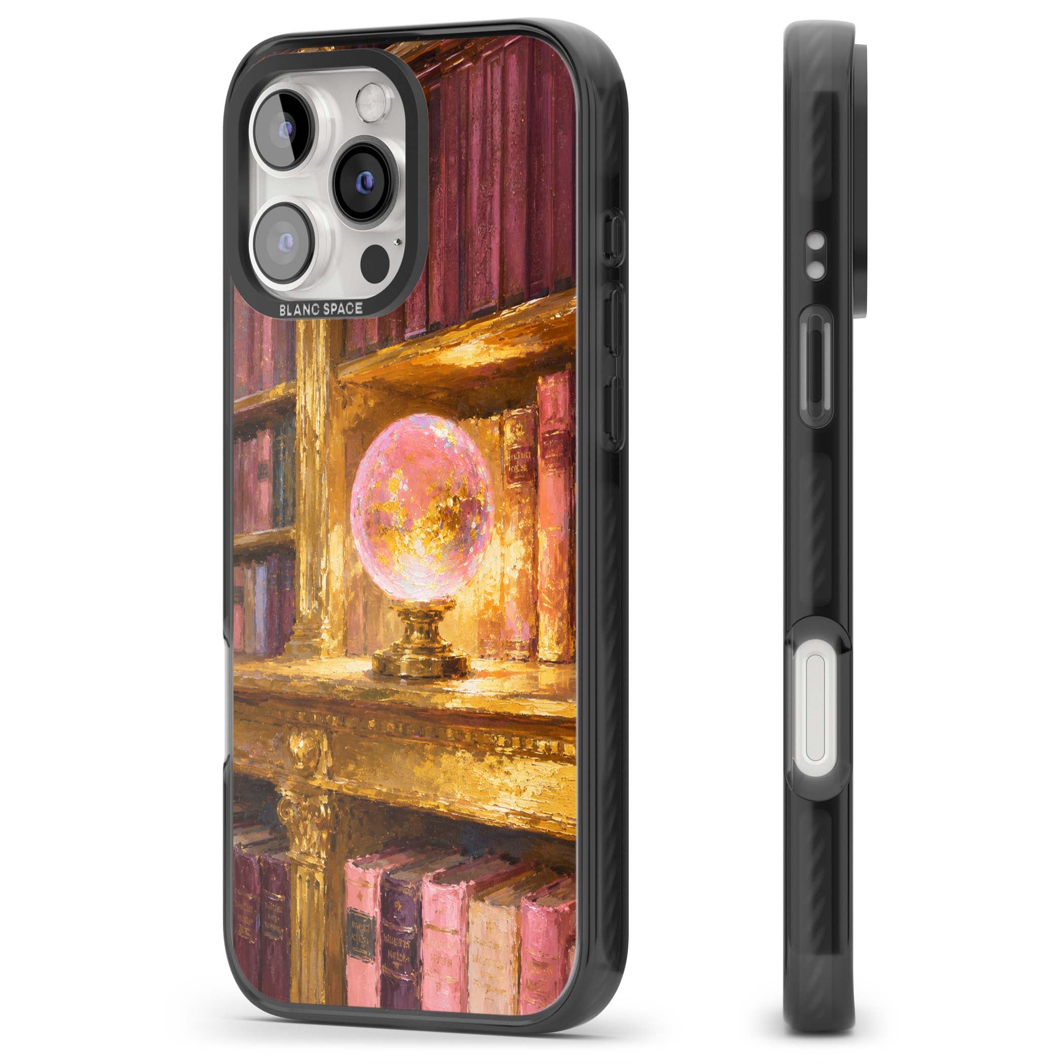 Gilded Library dark academia iPhone case featuring an oil painted crystal ball on a gilded library shelf with vintage | Black Impact case for iPhone 16 Pro, iPhone 16 Pro Max
