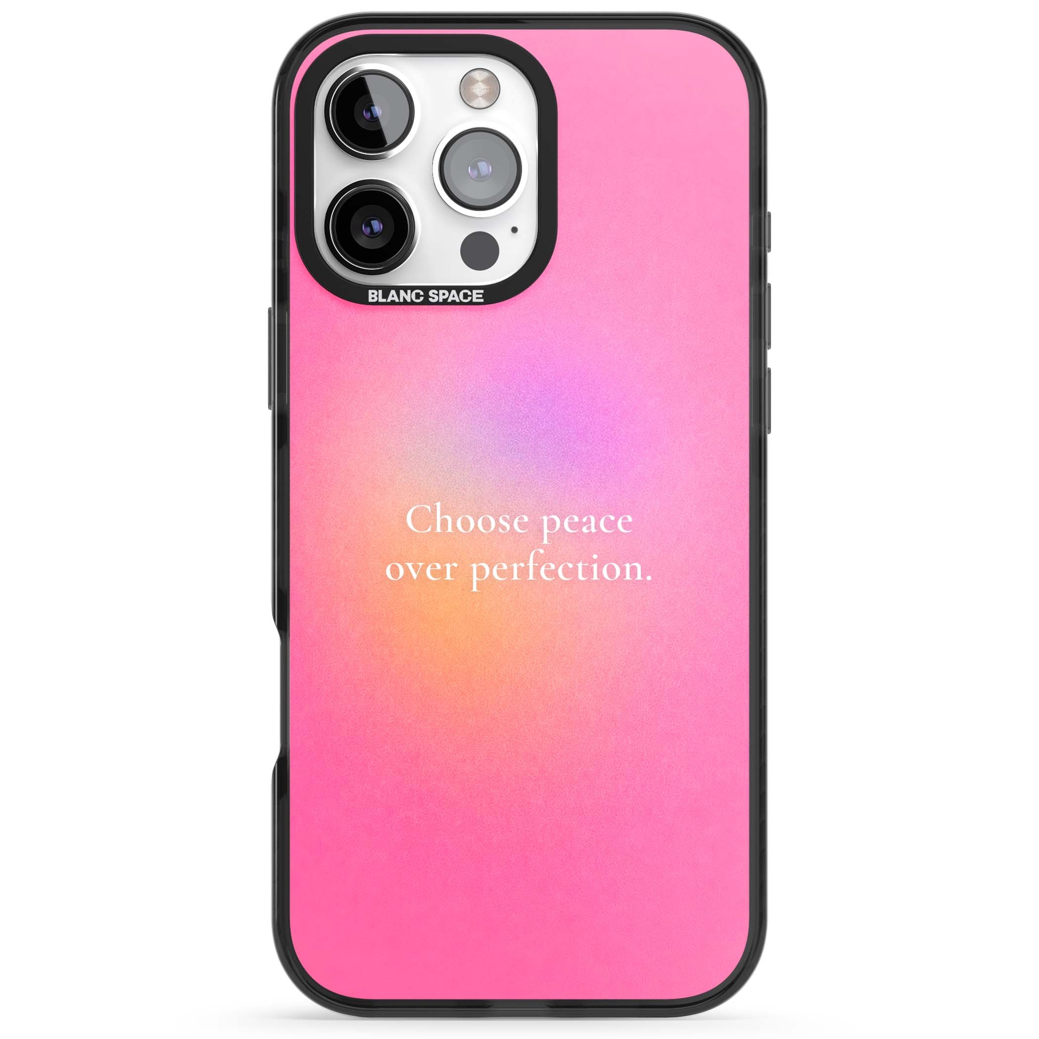 Peace Over Perfection quote iPhone case featuring a dreamy pink aura gradient and delicate white affirmation text | Black Impact Magsafe case for iPhone 16 Pro, iPhone 16 Pro Max