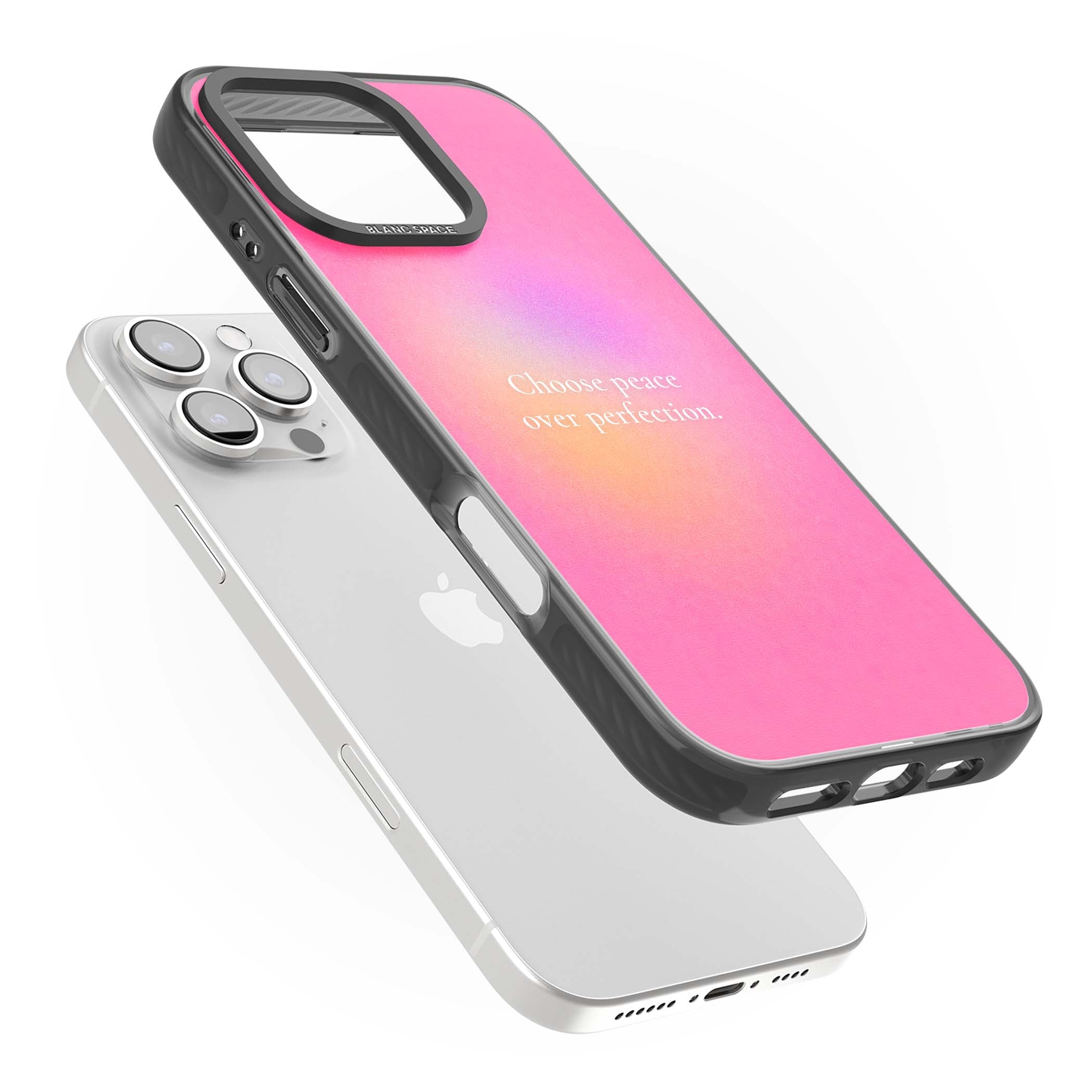 Peace Over Perfection quote iPhone case featuring a dreamy pink aura gradient and delicate white affirmation text | Black Impact Magsafe case for iPhone 16 Pro, iPhone 16 Pro Max