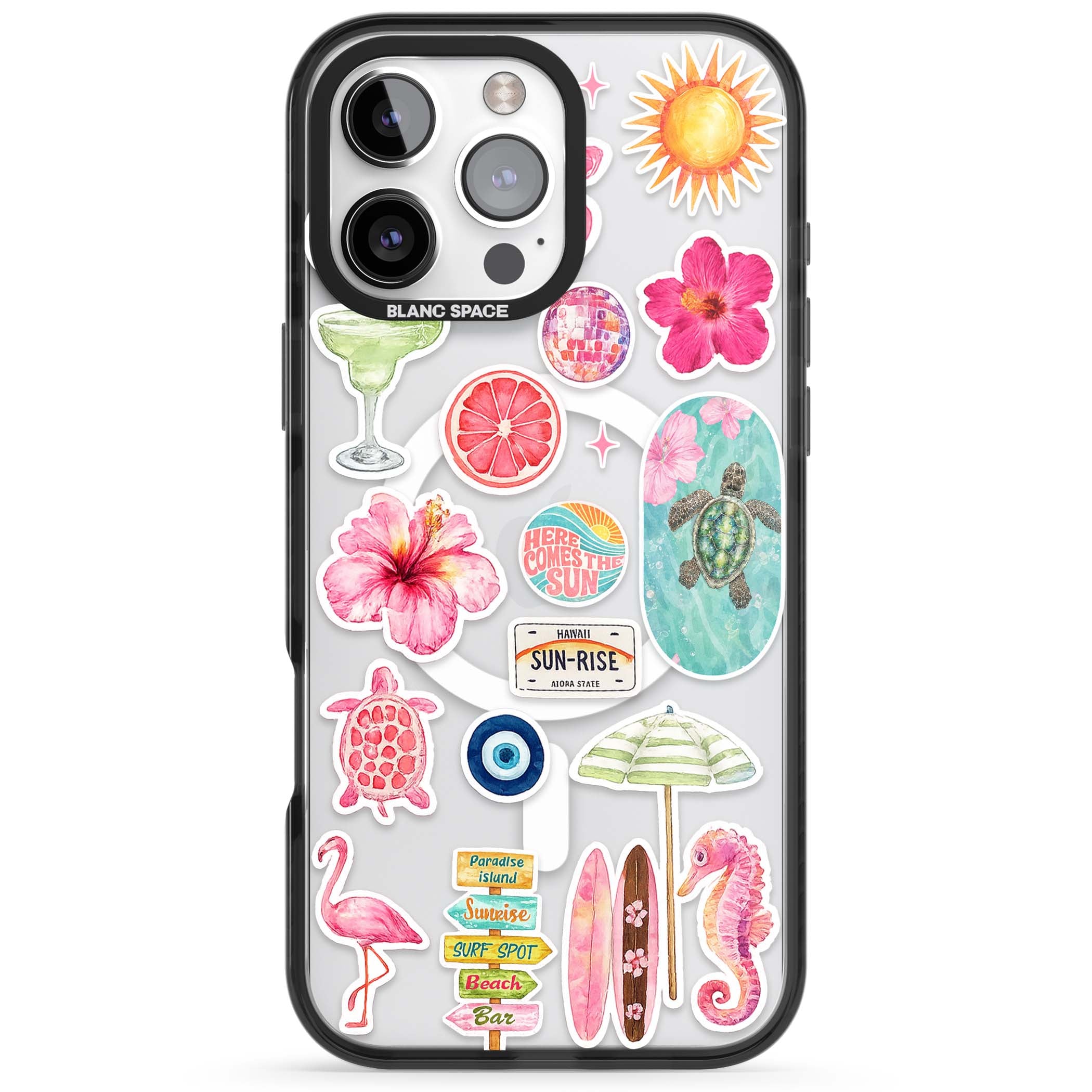 Aloha Sticker Mix tropical summer iPhone case featuring pink hibiscus, sea turtles, flamingo and beach umbrella stickers | Black Impact Magsafe case for iPhone 16 Pro, iPhone 16 Pro Max