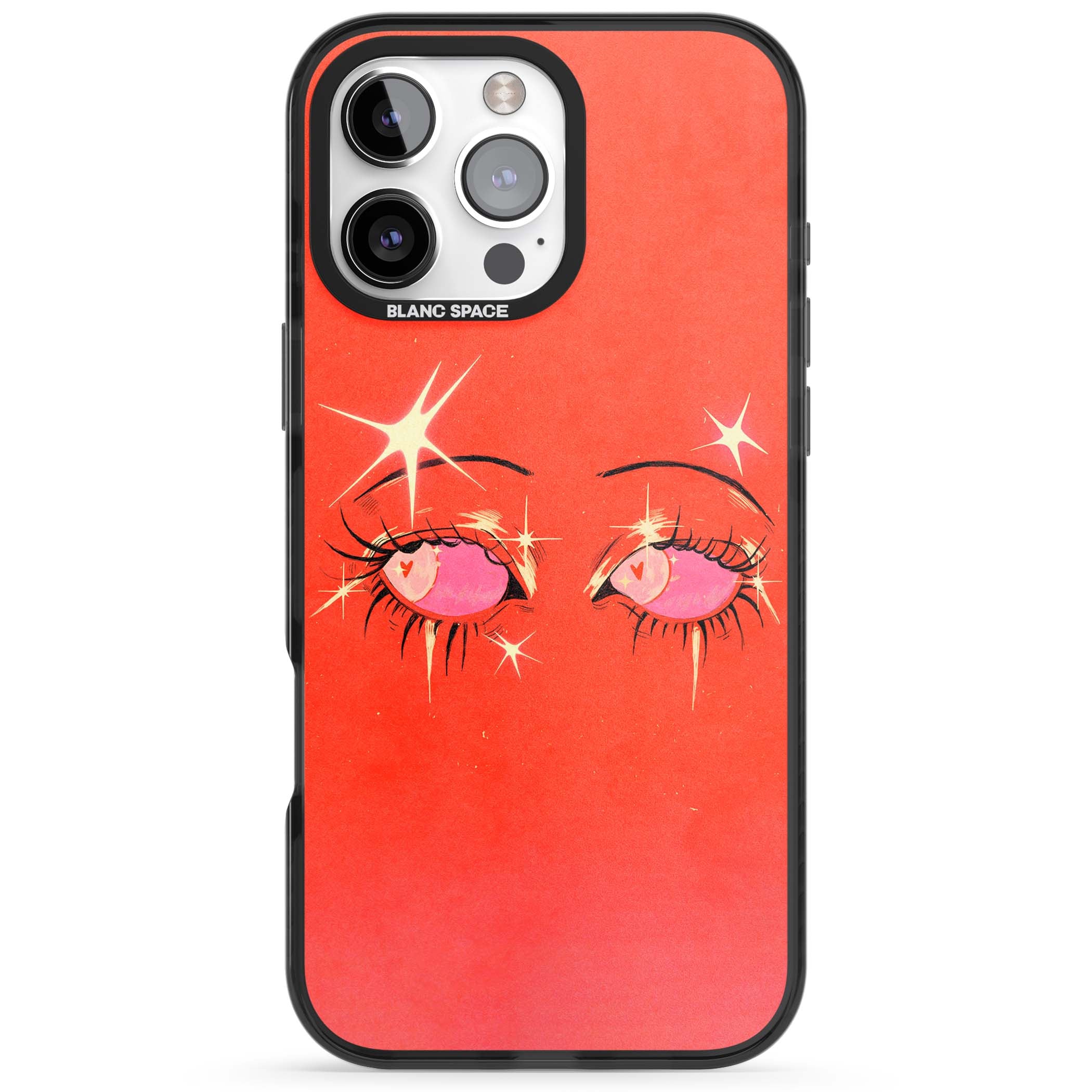 Pink Ethereal Eyes anime iPhone case featuring hand-drawn sparkly eyes with pink hearts and gold stars on red | Black Impact Magsafe case for iPhone 16 Pro, iPhone 16 Pro Max