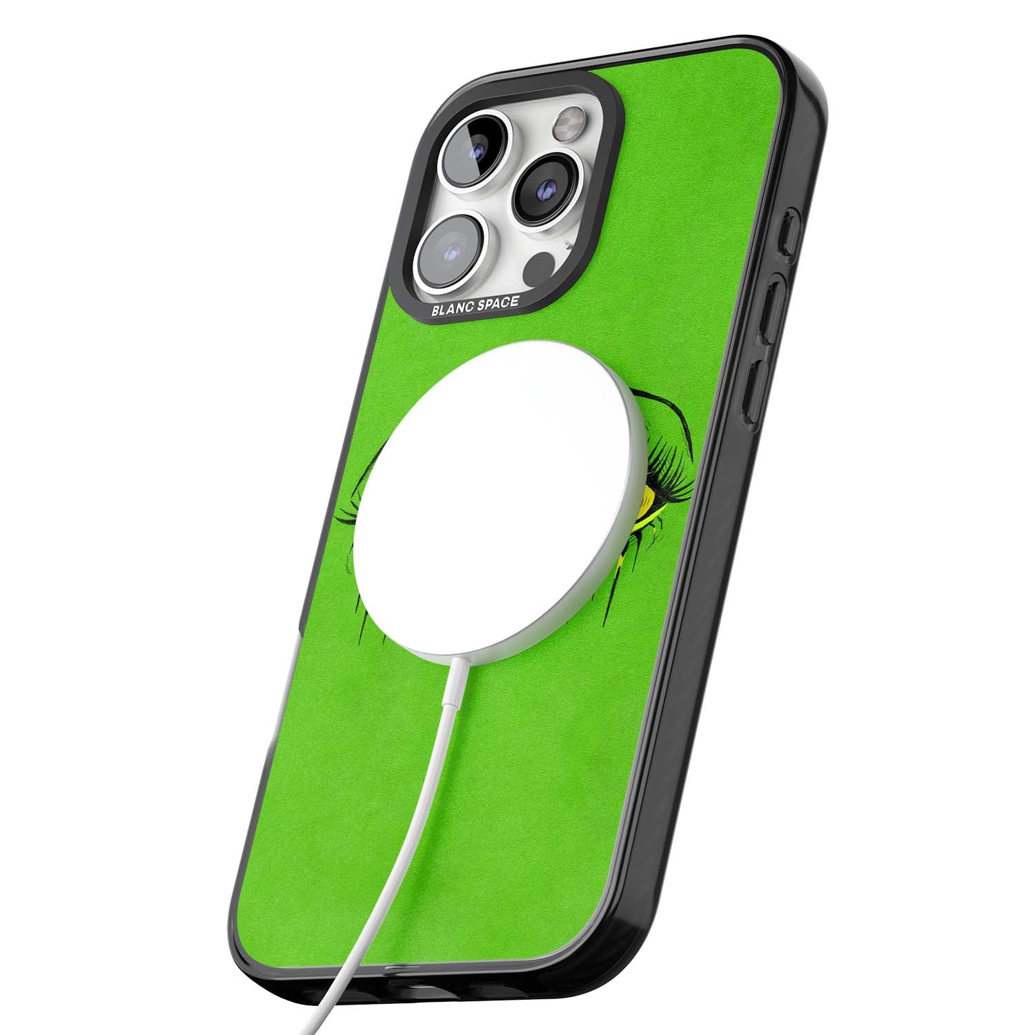 Green Enchanted Eyes psychedelic art iPhone case featuring hand-drawn dripping eyes on neon green background | Black Impact Magsafe case for iPhone 16 Pro, iPhone 16 Pro Max