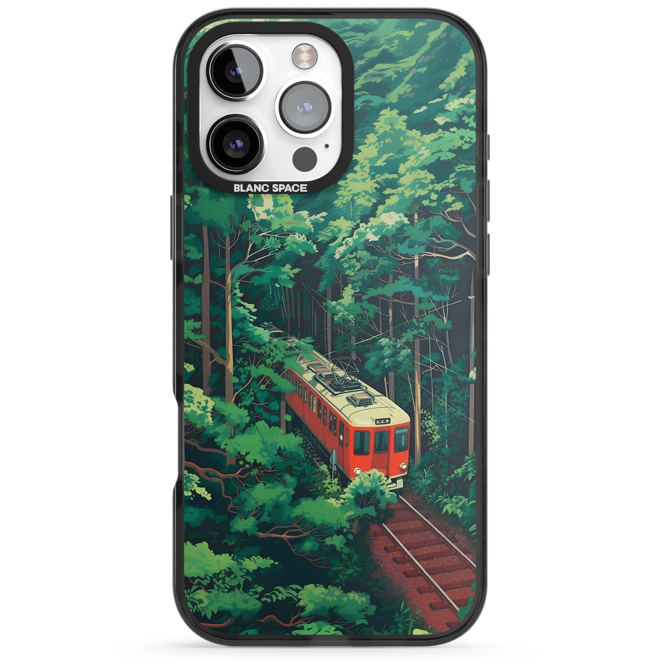 Railway In Toyama Japanese iPhone case featuring a red train, cedar forest and winding mountain railway tracks | Black Impact Magsafe case for iPhone 16 Pro, iPhone 16 Pro Max