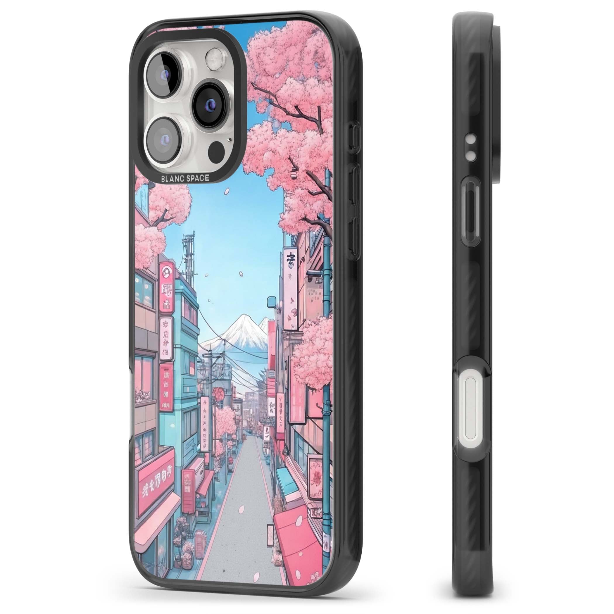 Sakura Lane anime iPhone case featuring Tokyo street scene with cherry blossoms and Mount Fuji | Black Impact Magsafe case for iPhone 16 Pro, iPhone 16 Pro Max