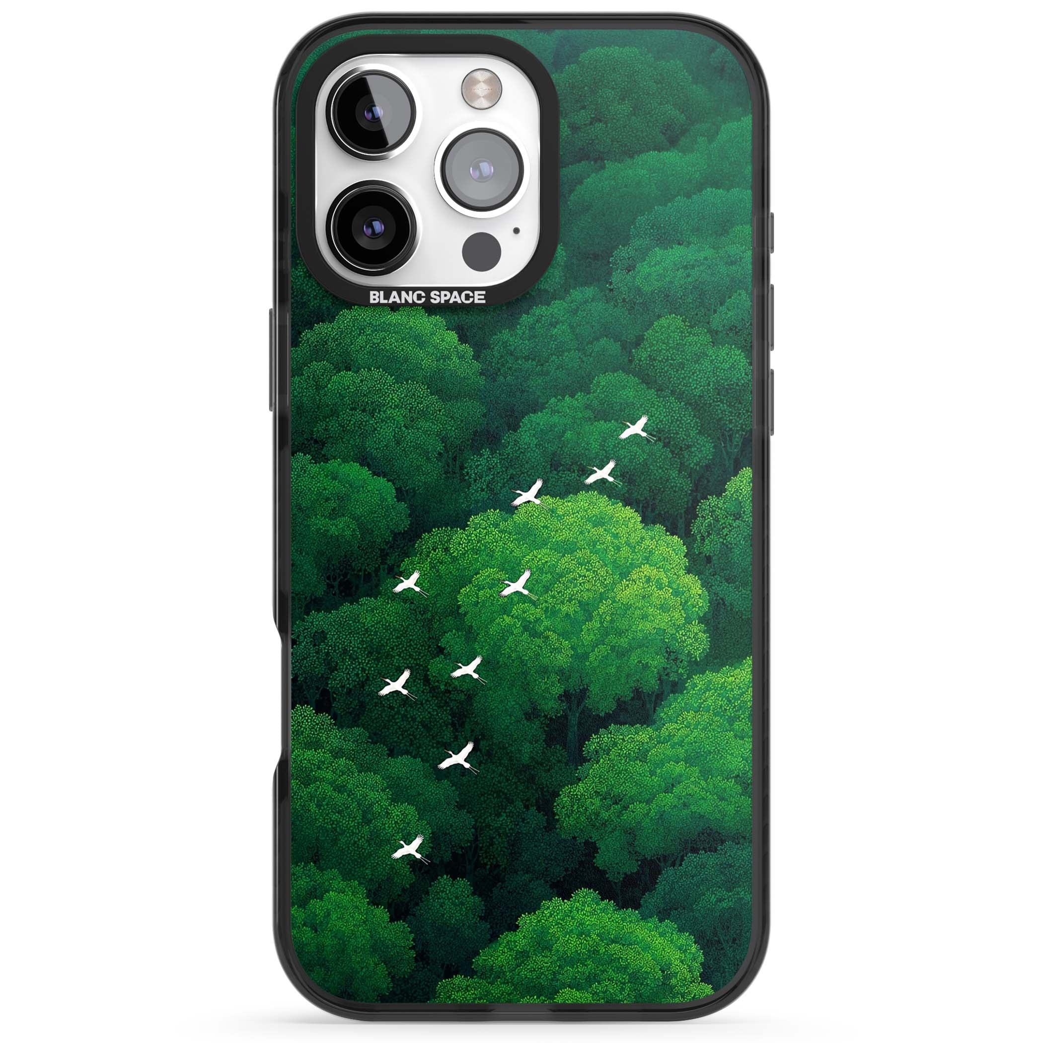 Grove Migration forest iPhone case featuring white cranes flying over lush green treetop canopy | Black Impact Magsafe case for iPhone 16 Pro, iPhone 16 Pro Max