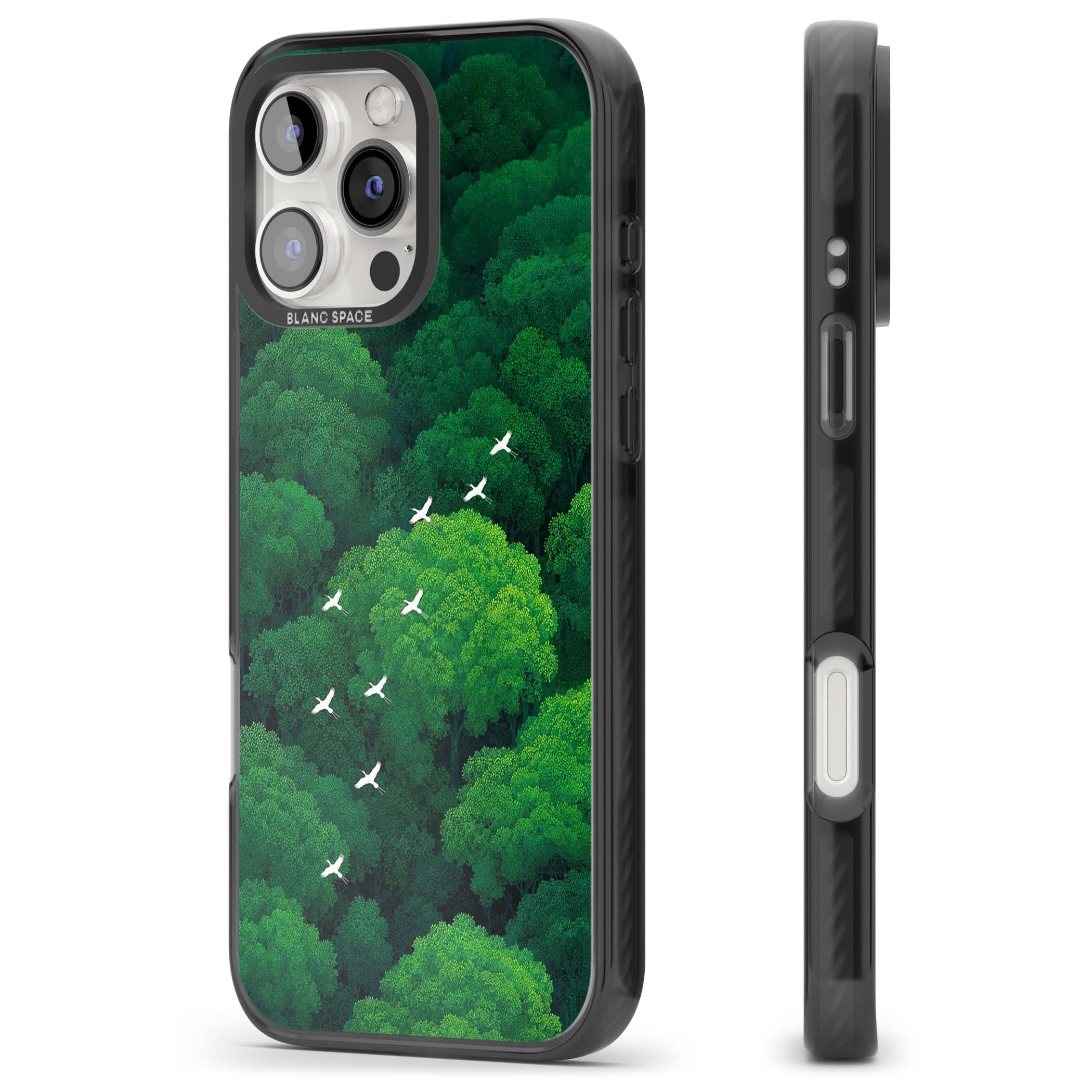 Grove Migration forest iPhone case featuring white cranes flying over lush green treetop canopy | Black Impact Magsafe case for iPhone 16 Pro, iPhone 16 Pro Max