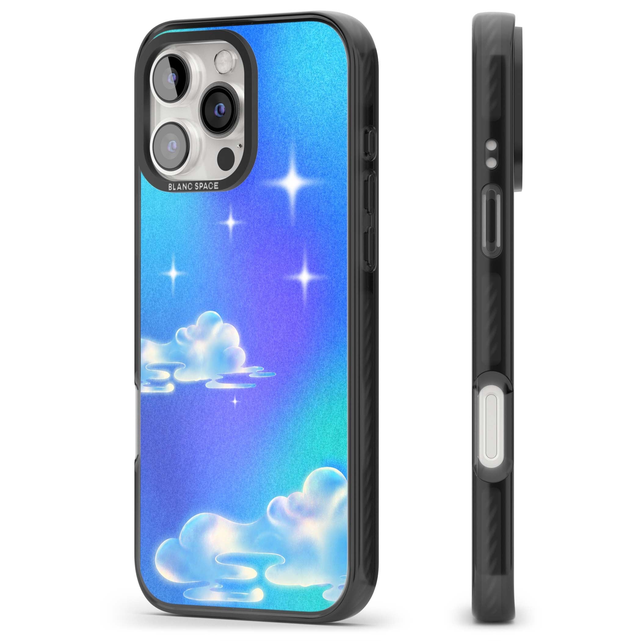 Aurora celestial iPhone case featuring dreamy iridescent clouds, sparkling stars and pastel blue purple sky | Black Impact Magsafe case for iPhone 16 Pro, iPhone 16 Pro Max
