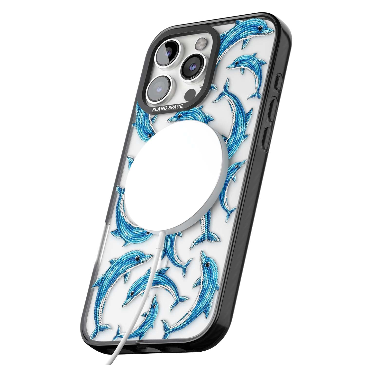 Beaded Dolphins coastal iPhone case featuring beaded dolphins in blue and white swimming across a clear background | Black Impact Magsafe case for iPhone 16 Pro, iPhone 16 Pro Max