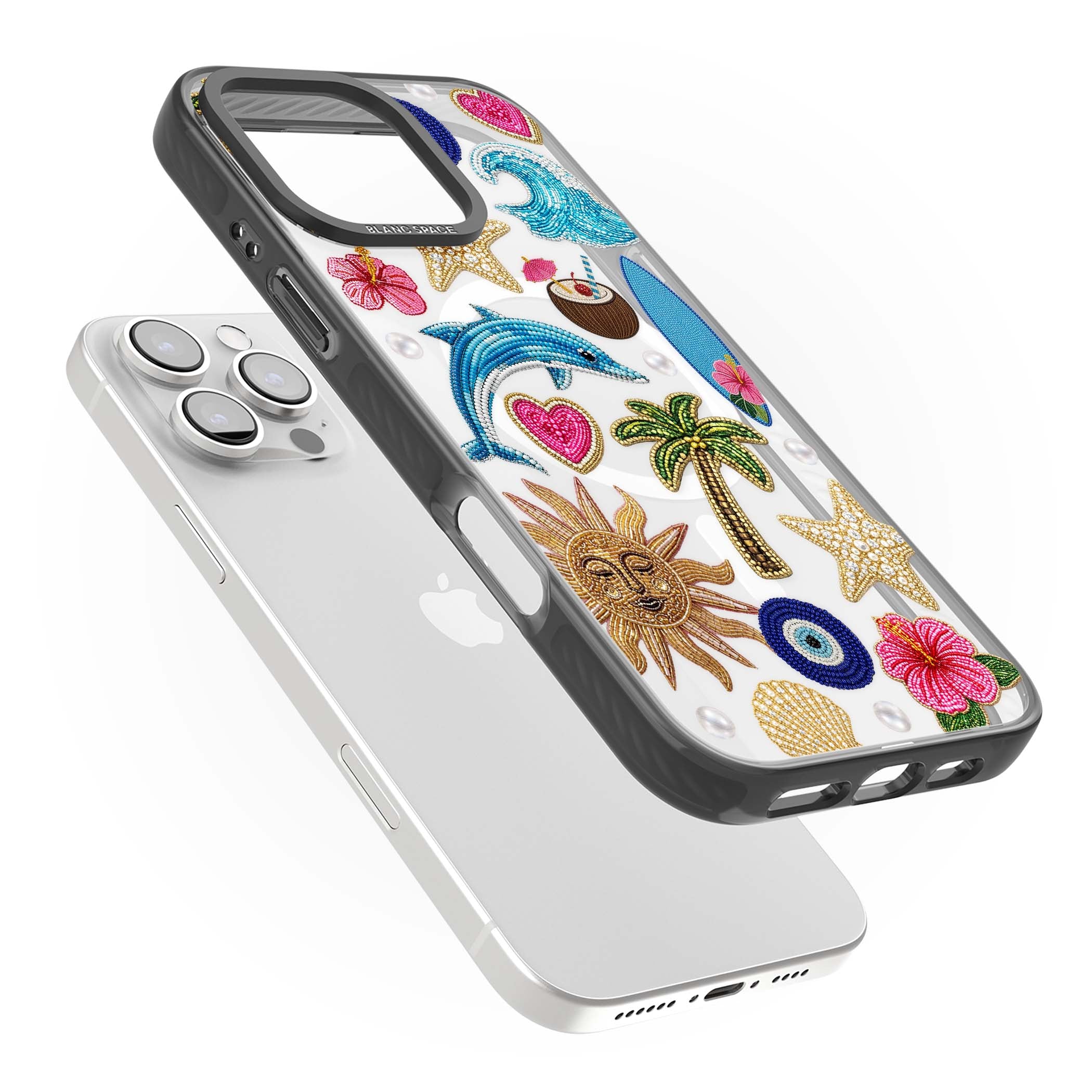 Beaded Beach coastal summer iPhone case featuring embroidered evil eye, hibiscus flowers, dolphin and palm tree patches | Black Impact Magsafe case for iPhone 16 Pro, iPhone 16 Pro Max