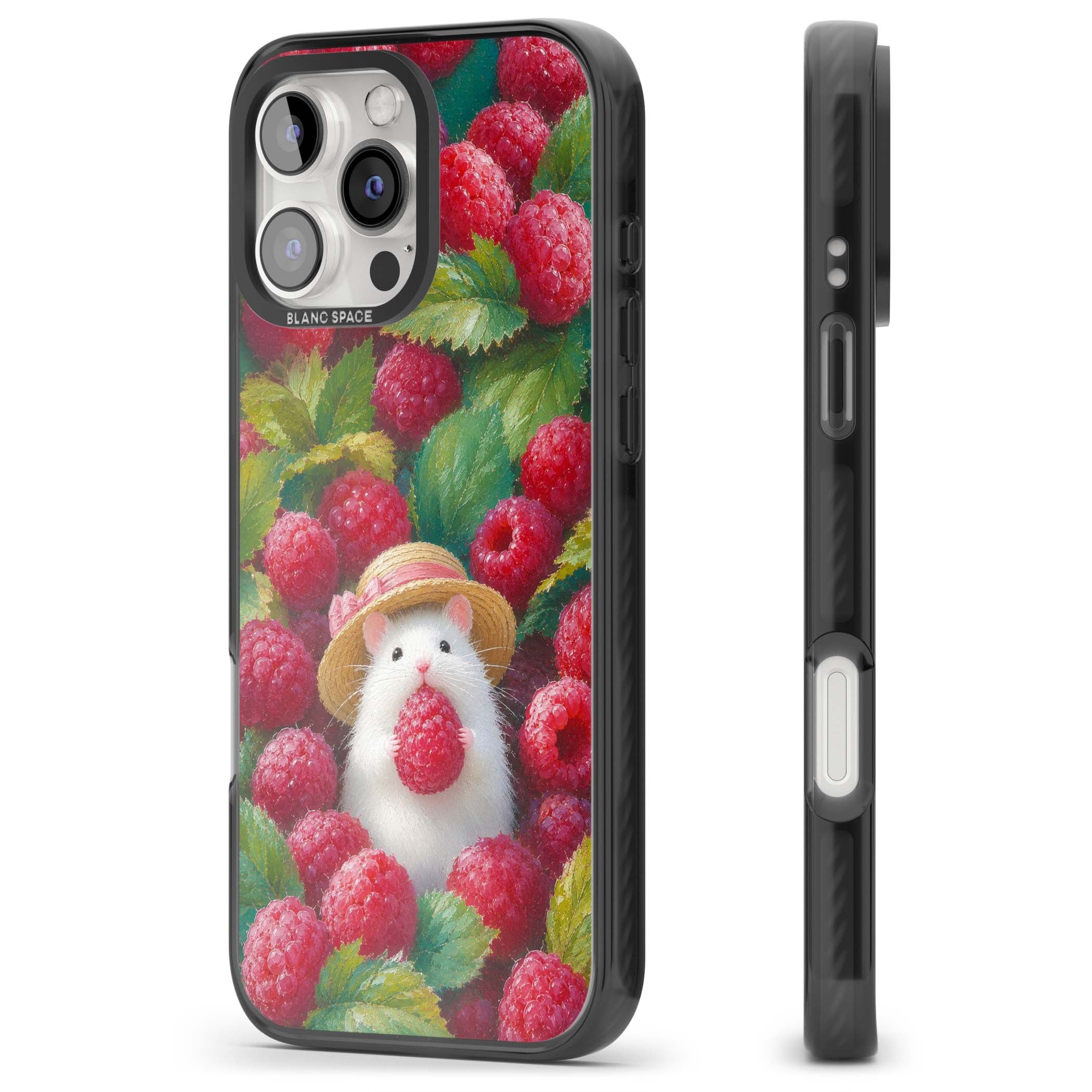 Berry Forager cottagecore iPhone case featuring a white hamster in a straw hat holding a raspberry surrounded by ripe ber | Black Impact Magsafe case for iPhone 16 Pro, iPhone 16 Pro Max