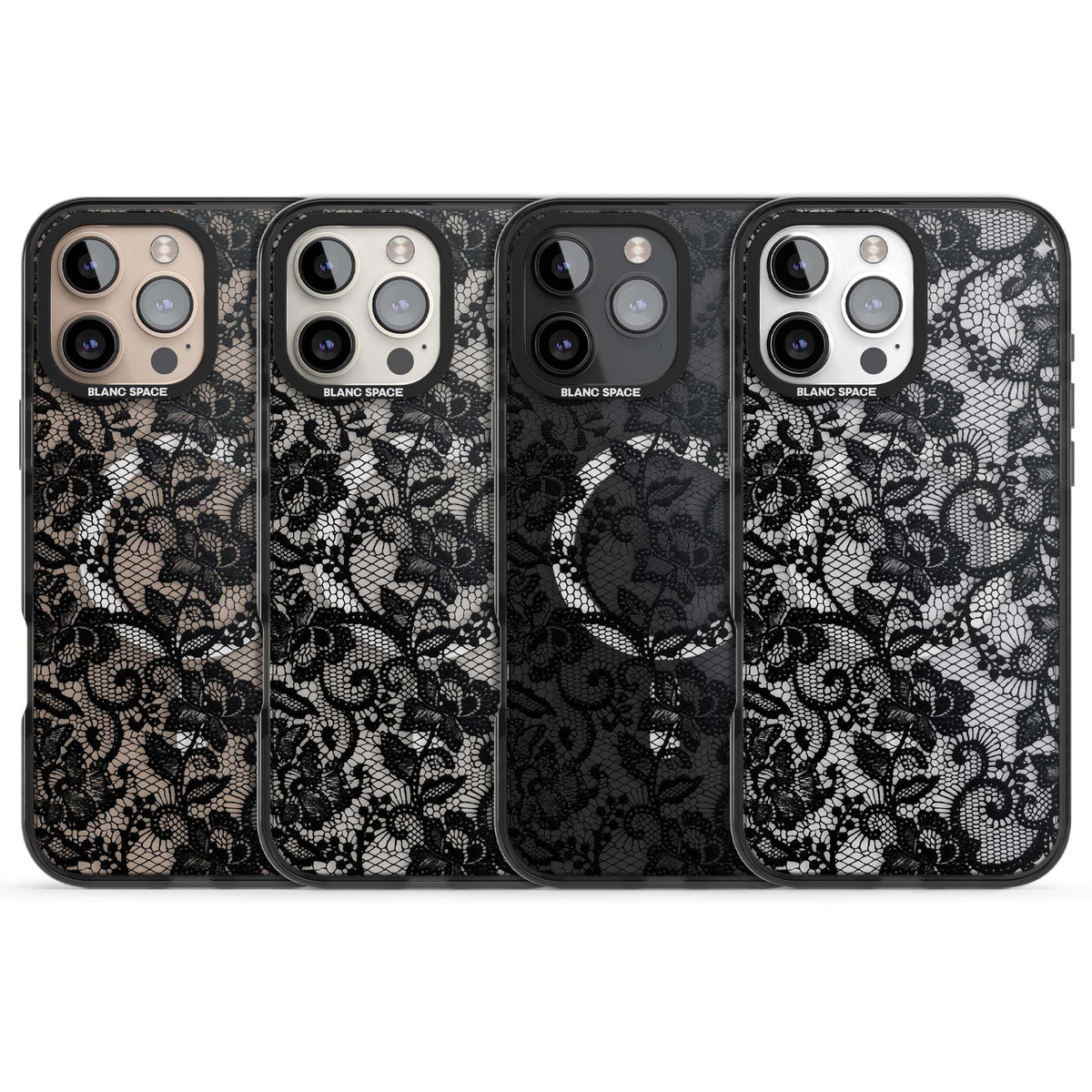 Black Lace gothic iPhone case featuring intricate black floral lace pattern with vintage whimsigoth detail | Black Impact Magsafe case for iPhone 16 Pro, iPhone 16 Pro Max