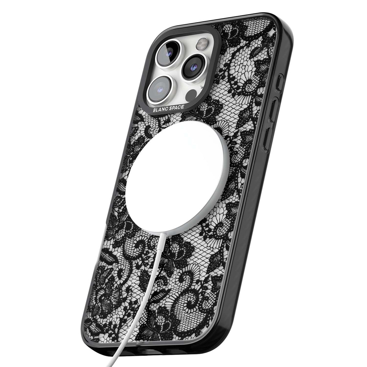 Black Lace gothic iPhone case featuring intricate black floral lace pattern with vintage whimsigoth detail | Black Impact Magsafe case for iPhone 16 Pro, iPhone 16 Pro Max