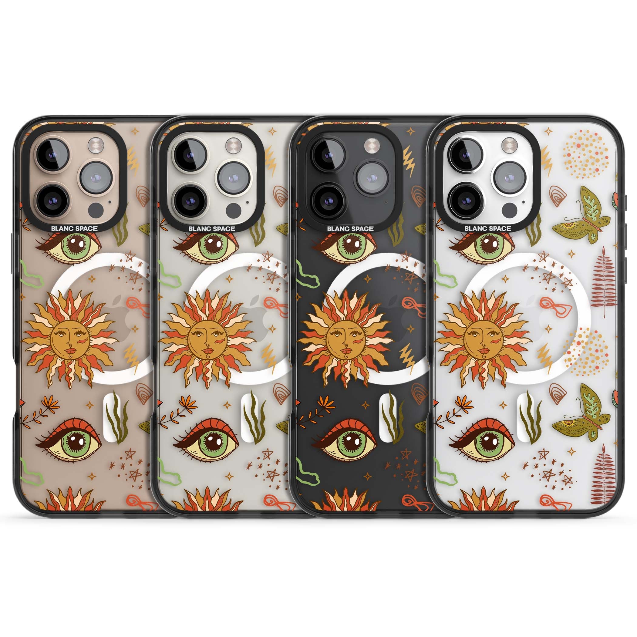 Elevate Your Phone'S Style With This Boho Celestial Sun & Eye Phone Case, Featuring A Mystical Blend Of Suns, All-Seeing Eyes, Butterflies, Stars, And
