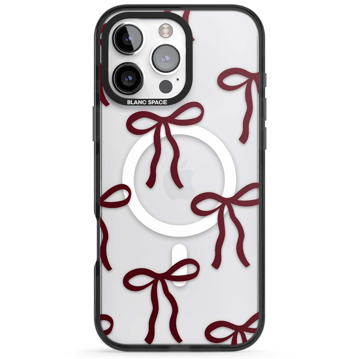 Burgundy Bows coquette iPhone case featuring hand-drawn burgundy red bows on a clear background | Black Impact Magsafe case for iPhone 16 Pro, iPhone 16 Pro Max