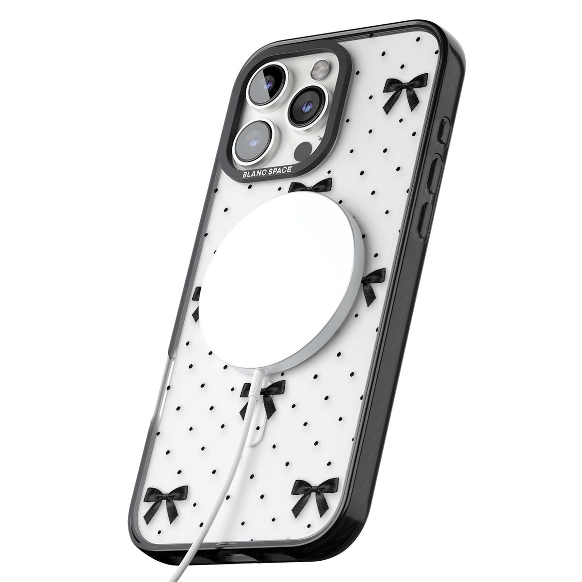 Black Polka Bows coquette iPhone case featuring scattered black satin bows and tiny polka dots on a clear base | Black Impact Magsafe case for iPhone 16 Pro, iPhone 16 Pro Max