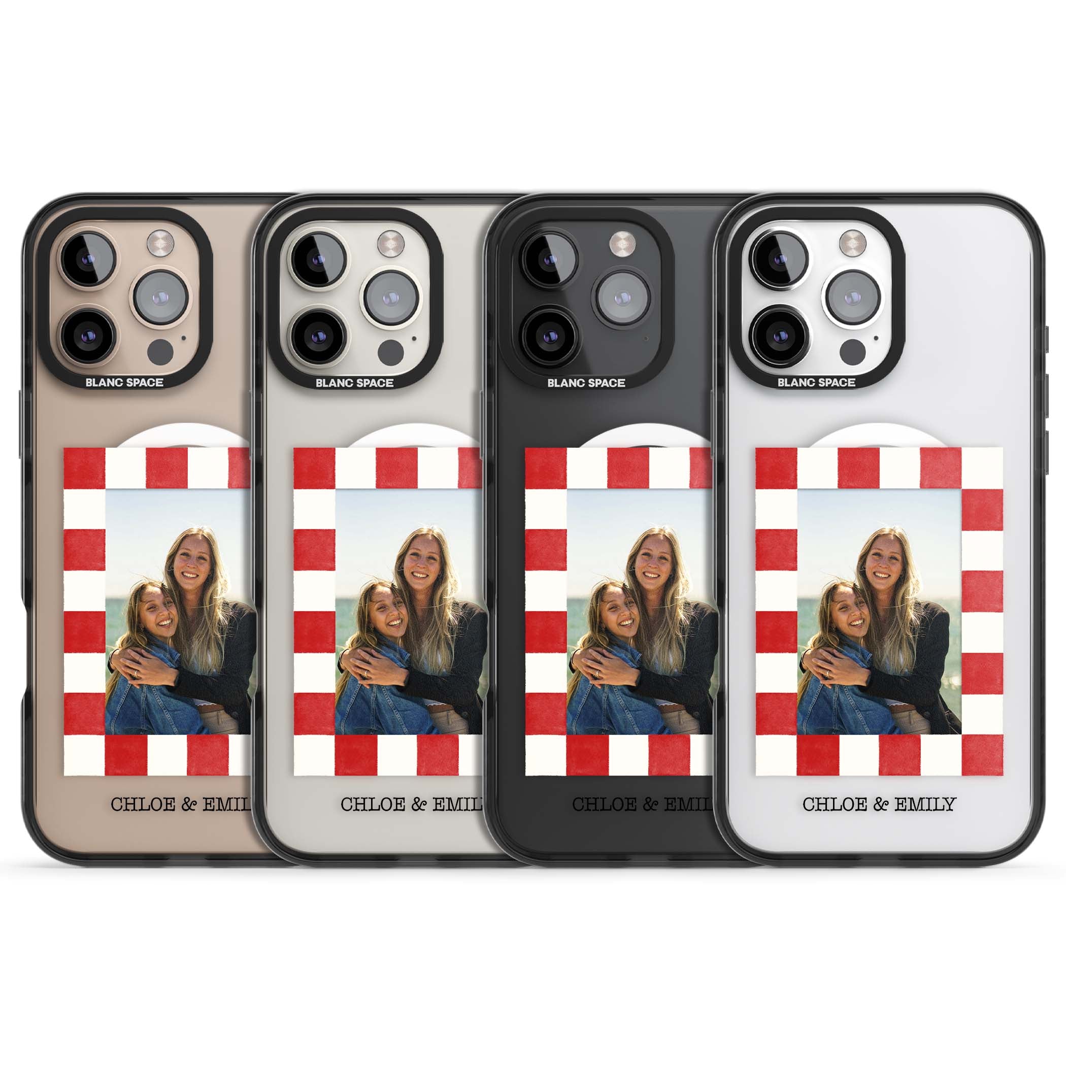 Red Check Photo personalised photo iPhone case with red and white checkered polaroid frame and custom couple name | Black Impact Magsafe case for iPhone 16 Pro, iPhone 16 Pro Max
