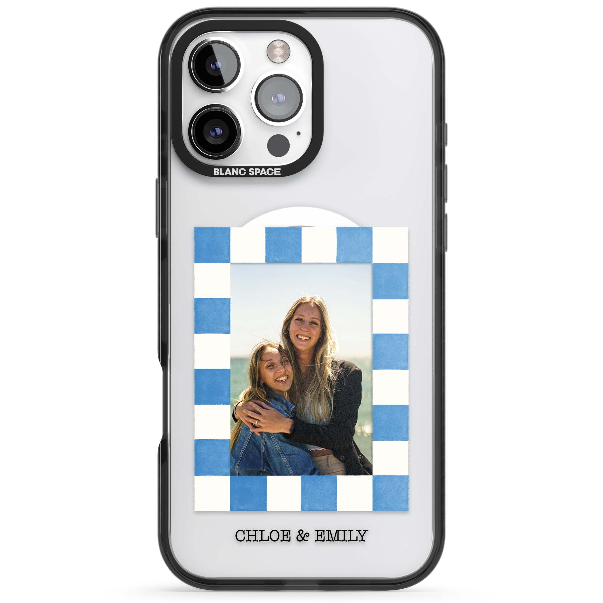 Blue Check Photo personalised photo iPhone case with blue checkered frame and custom couple names | Black Impact Magsafe case for iPhone 16 Pro, iPhone 16 Pro Max