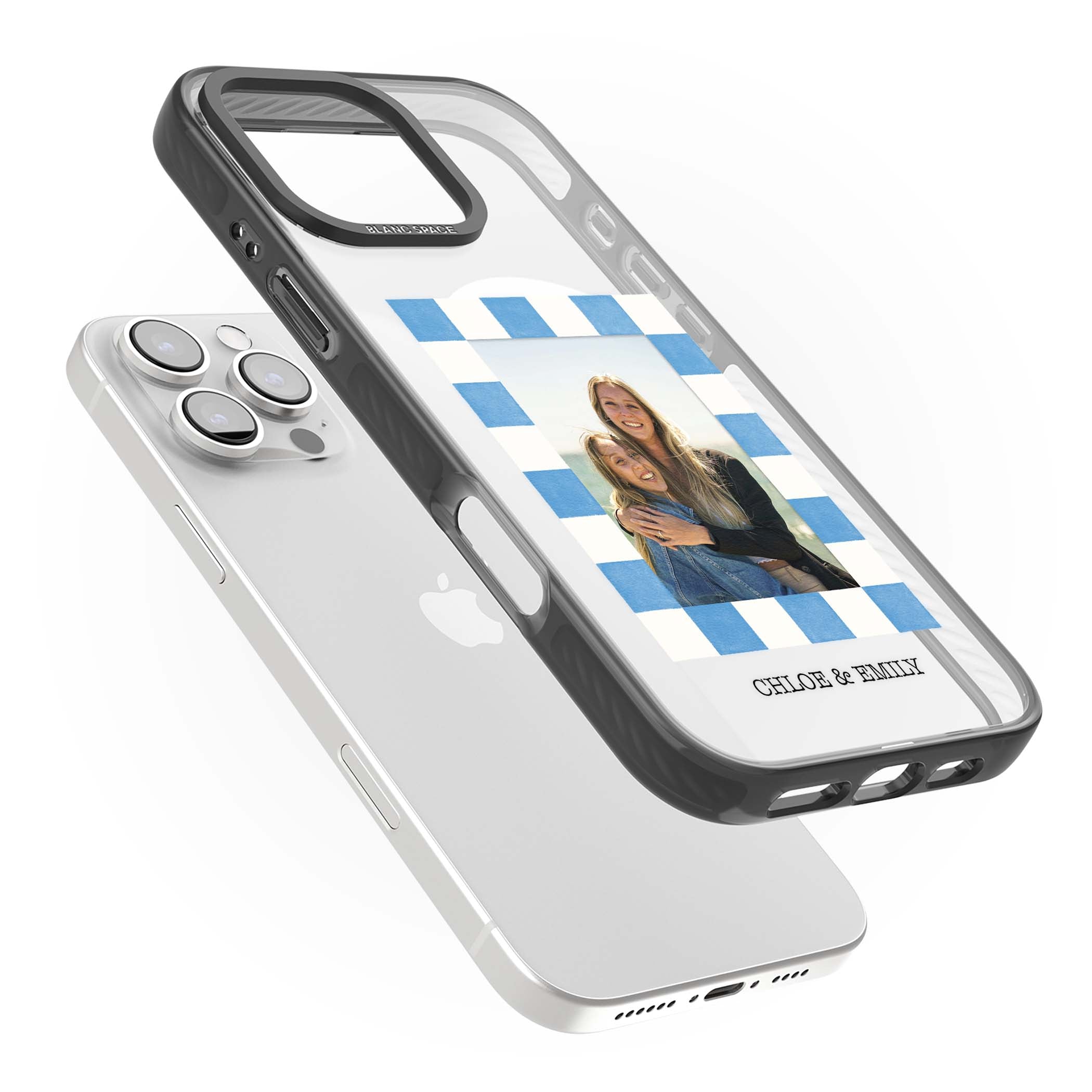 Blue Check Photo personalised photo iPhone case with blue checkered frame and custom couple names | Black Impact Magsafe case for iPhone 16 Pro, iPhone 16 Pro Max
