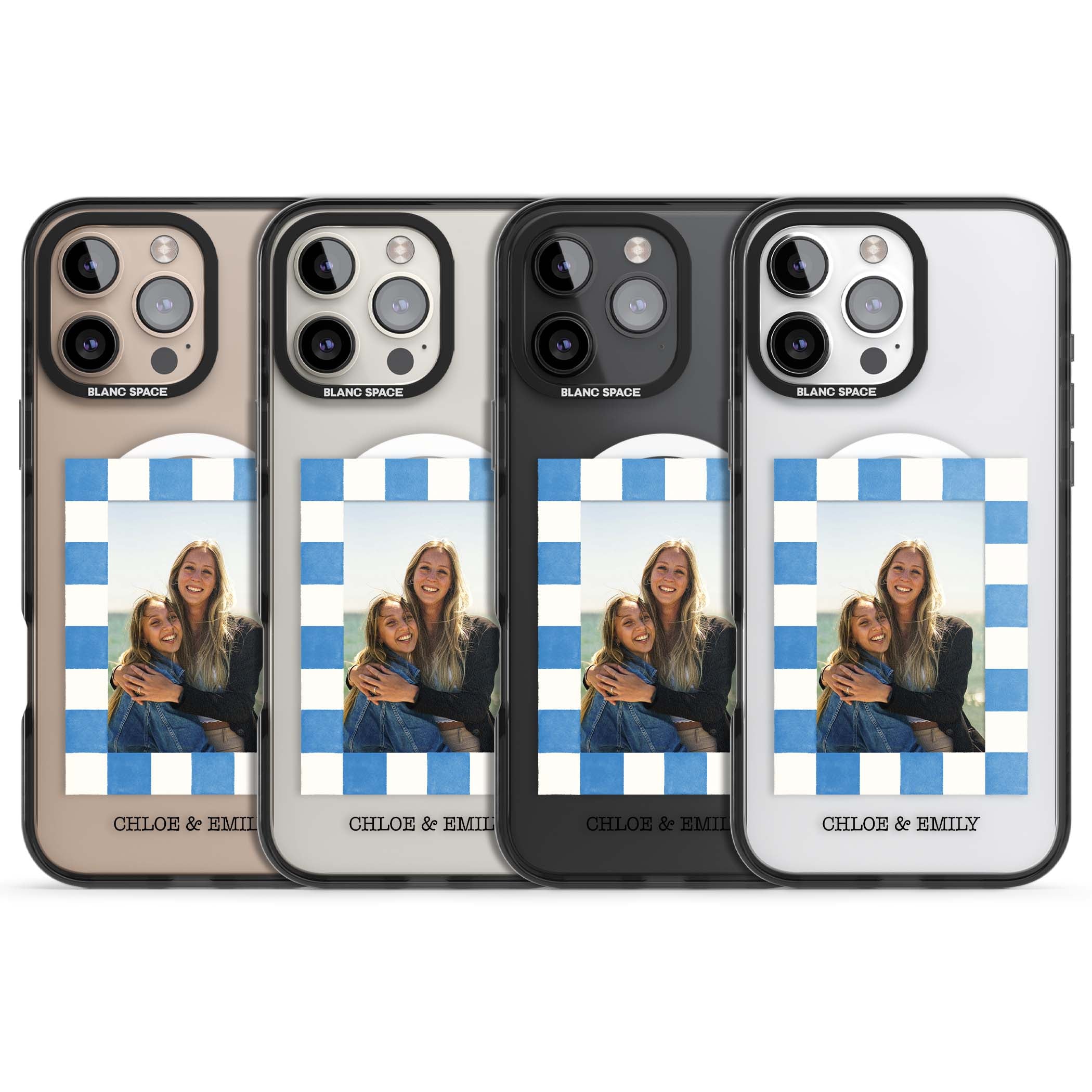 Blue Check Photo personalised photo iPhone case with blue checkered frame and custom couple names | Black Impact Magsafe case for iPhone 16 Pro, iPhone 16 Pro Max
