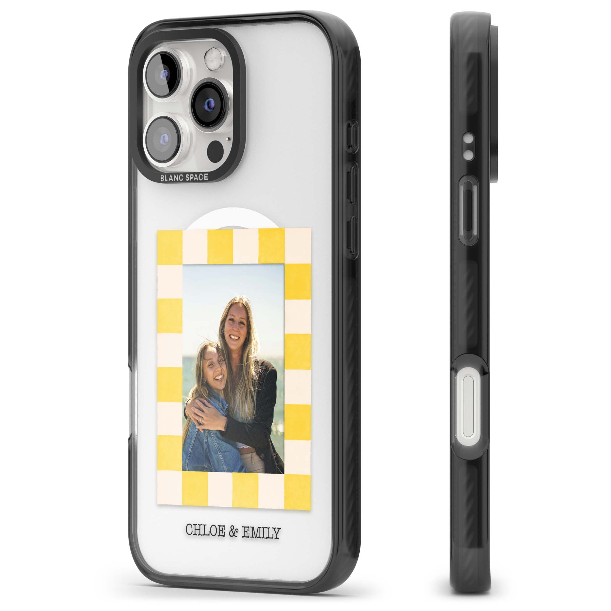 Yellow Check Photo personalised iPhone case with yellow checkered Polaroid frame and custom names beneath | Black Impact Magsafe case for iPhone 16 Pro, iPhone 16 Pro Max