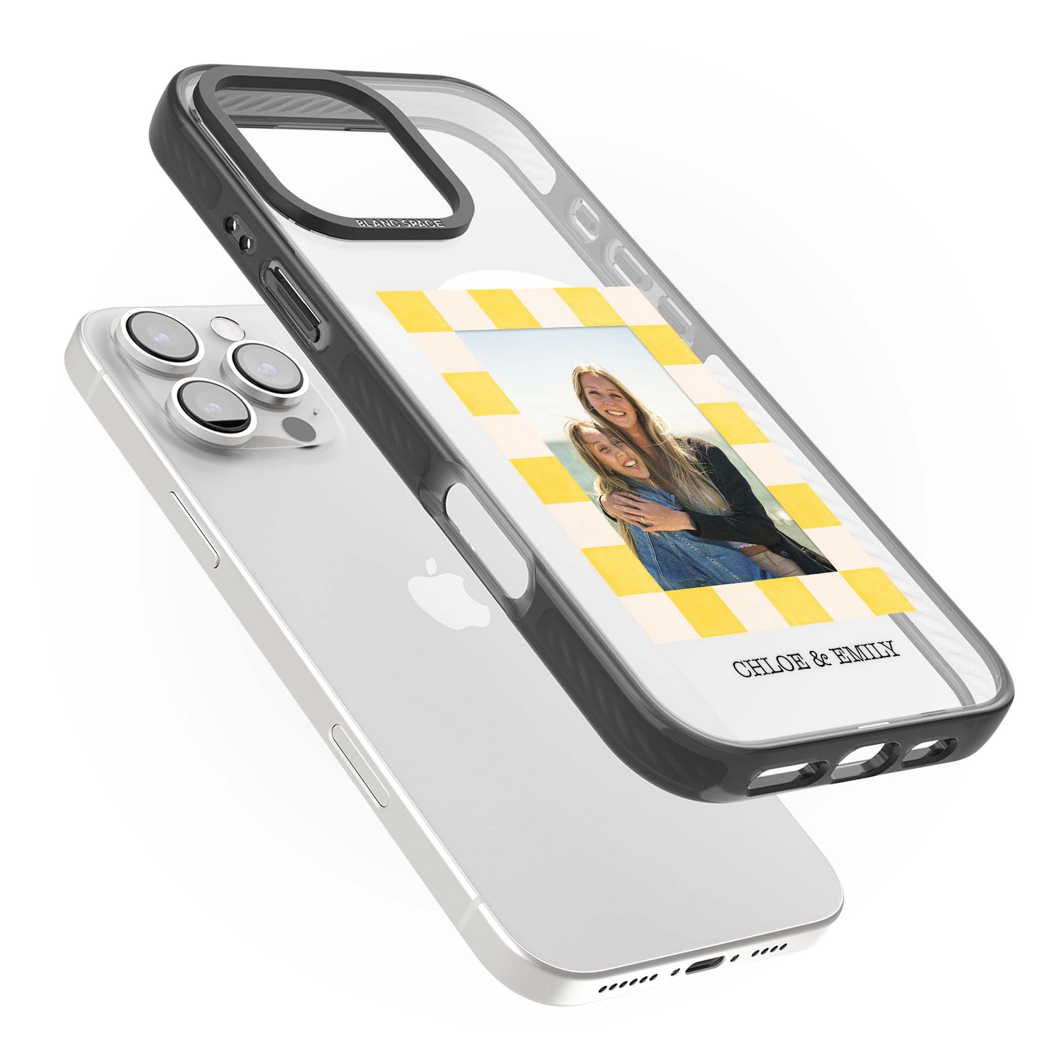 Yellow Check Photo personalised iPhone case with yellow checkered Polaroid frame and custom names beneath | Black Impact Magsafe case for iPhone 16 Pro, iPhone 16 Pro Max