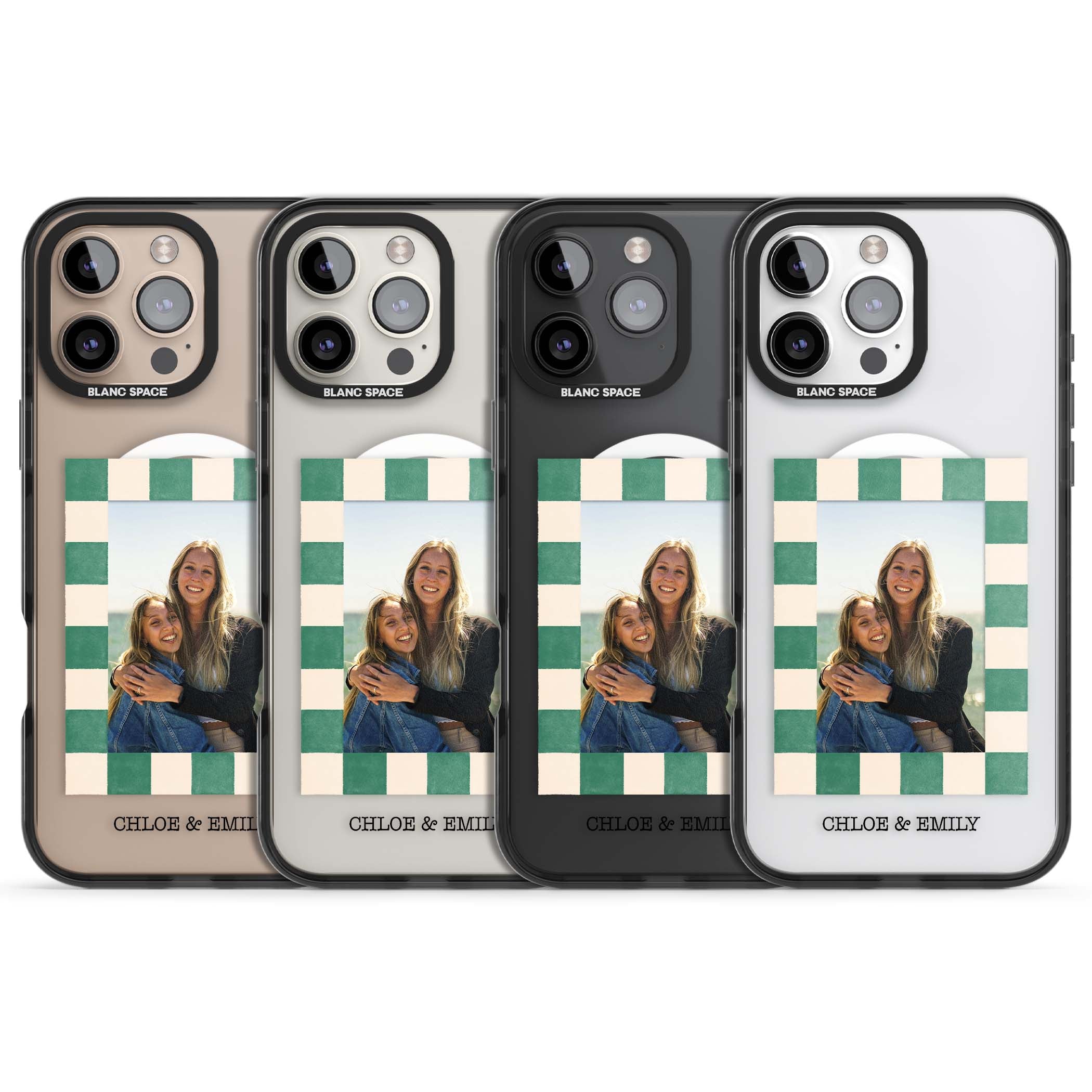 Seafoam Check Photo personalised iPhone case featuring a custom polaroid photo, green and cream checkered frame, and custom n | Black Impact Magsafe case for iPhone 16 Pro, iPhone 16 Pro Max