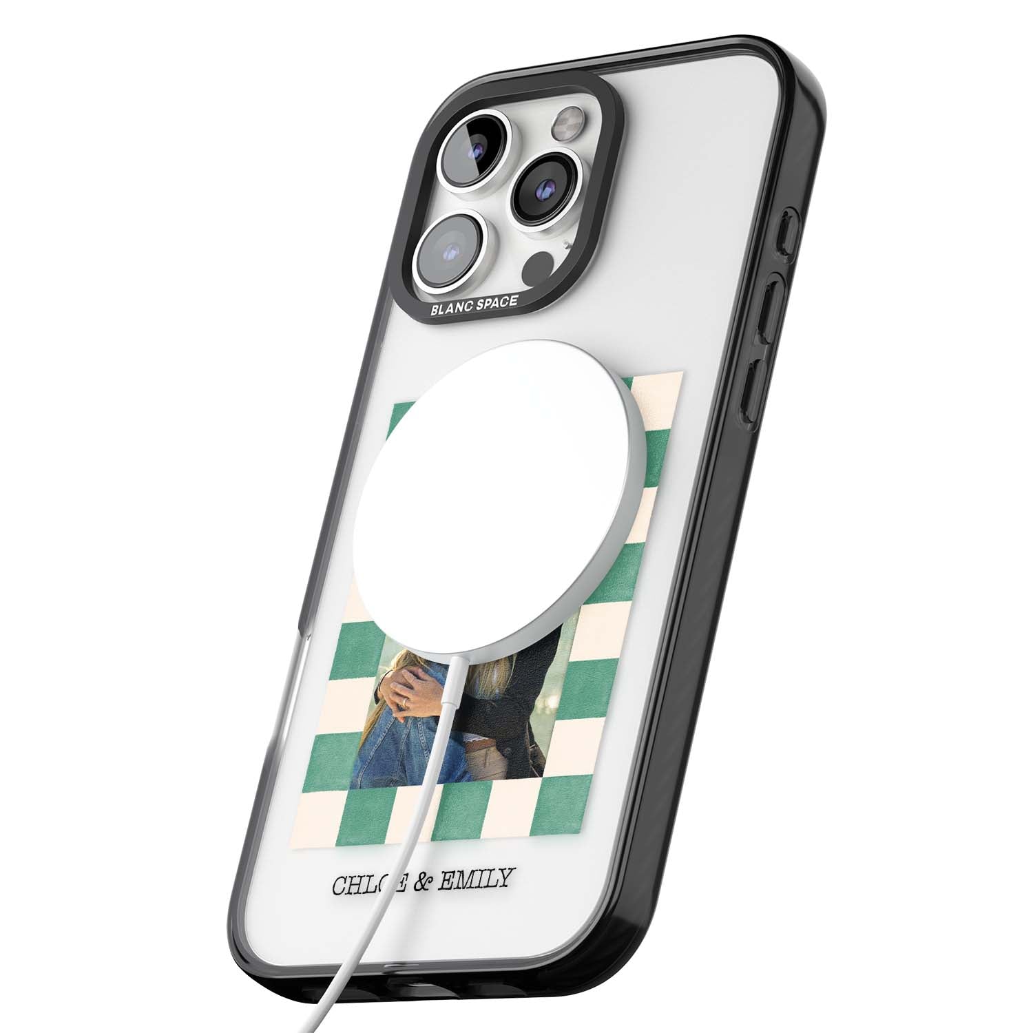 Seafoam Check Photo personalised iPhone case featuring a custom polaroid photo, green and cream checkered frame, and custom n | Black Impact Magsafe case for iPhone 16 Pro, iPhone 16 Pro Max
