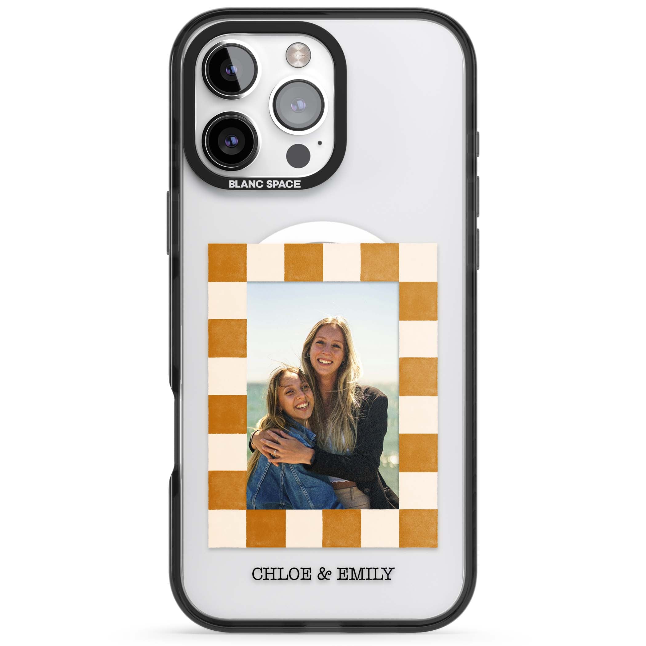 Citrus Check Photo personalised iPhone case with custom photo, orange checkered frame and names underneath | Black Impact Magsafe case for iPhone 16 Pro, iPhone 16 Pro Max