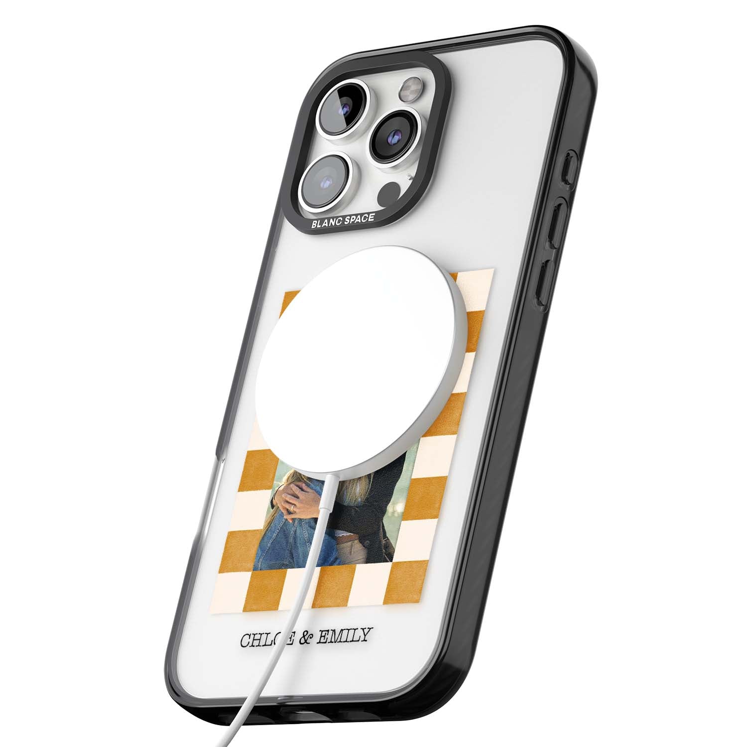 Citrus Check Photo personalised iPhone case with custom photo, orange checkered frame and names underneath | Black Impact Magsafe case for iPhone 16 Pro, iPhone 16 Pro Max