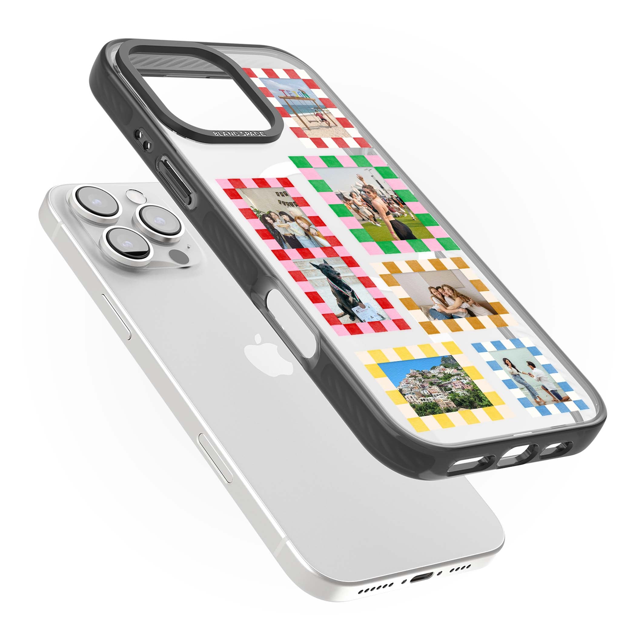 Italian Check Frames custom photo collage iPhone case featuring six checkered photo frames in red, green, pink and | Black Impact Magsafe case for iPhone 16 Pro, iPhone 16 Pro Max