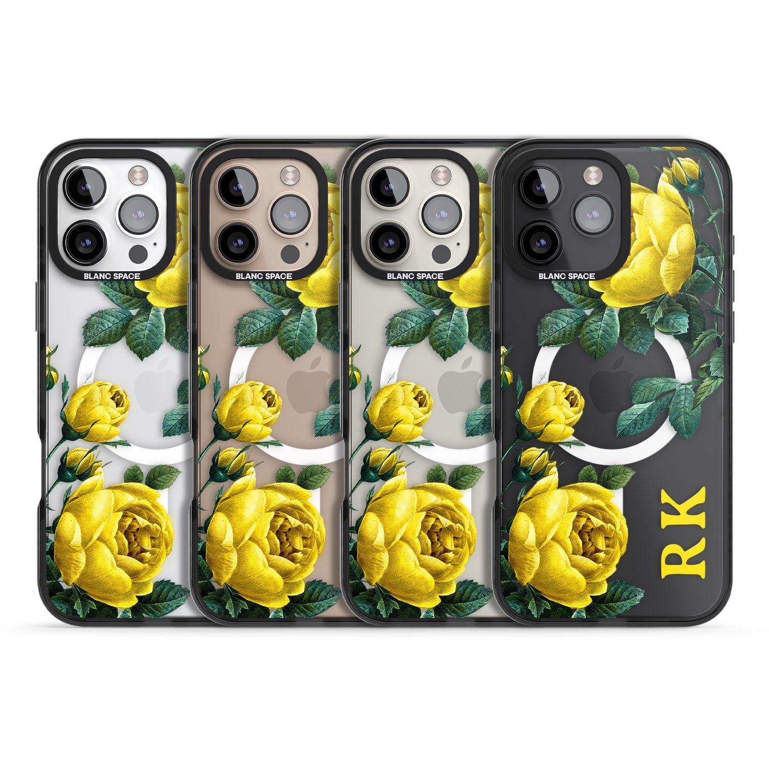 iPhone 16 Pro Max Personalised Clear Vintage Floral Yellow Roses Black Impact Phone Case