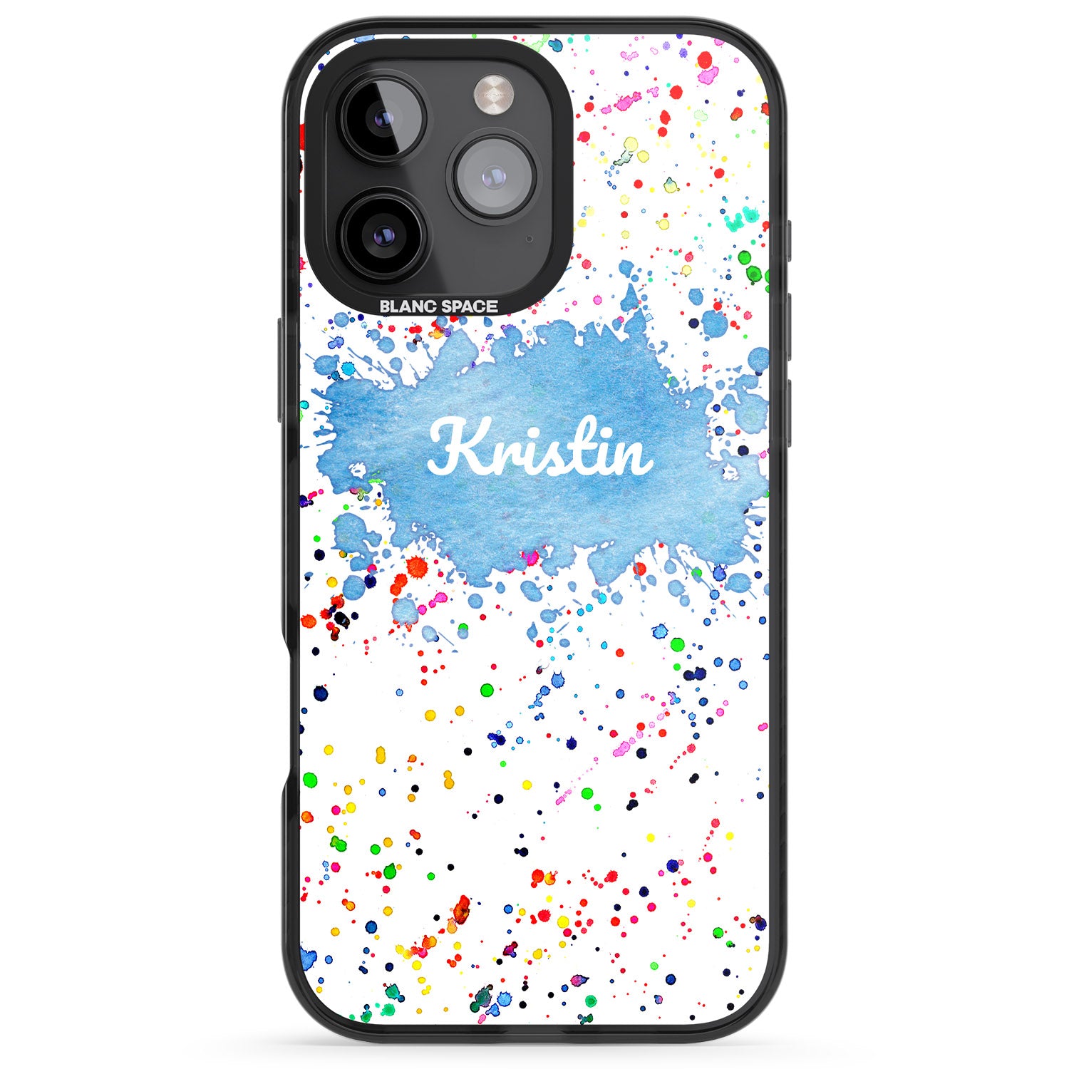 iPhone 16 Pro Max Personalised Rainbow Paint Splatter Black Impact Phone Case