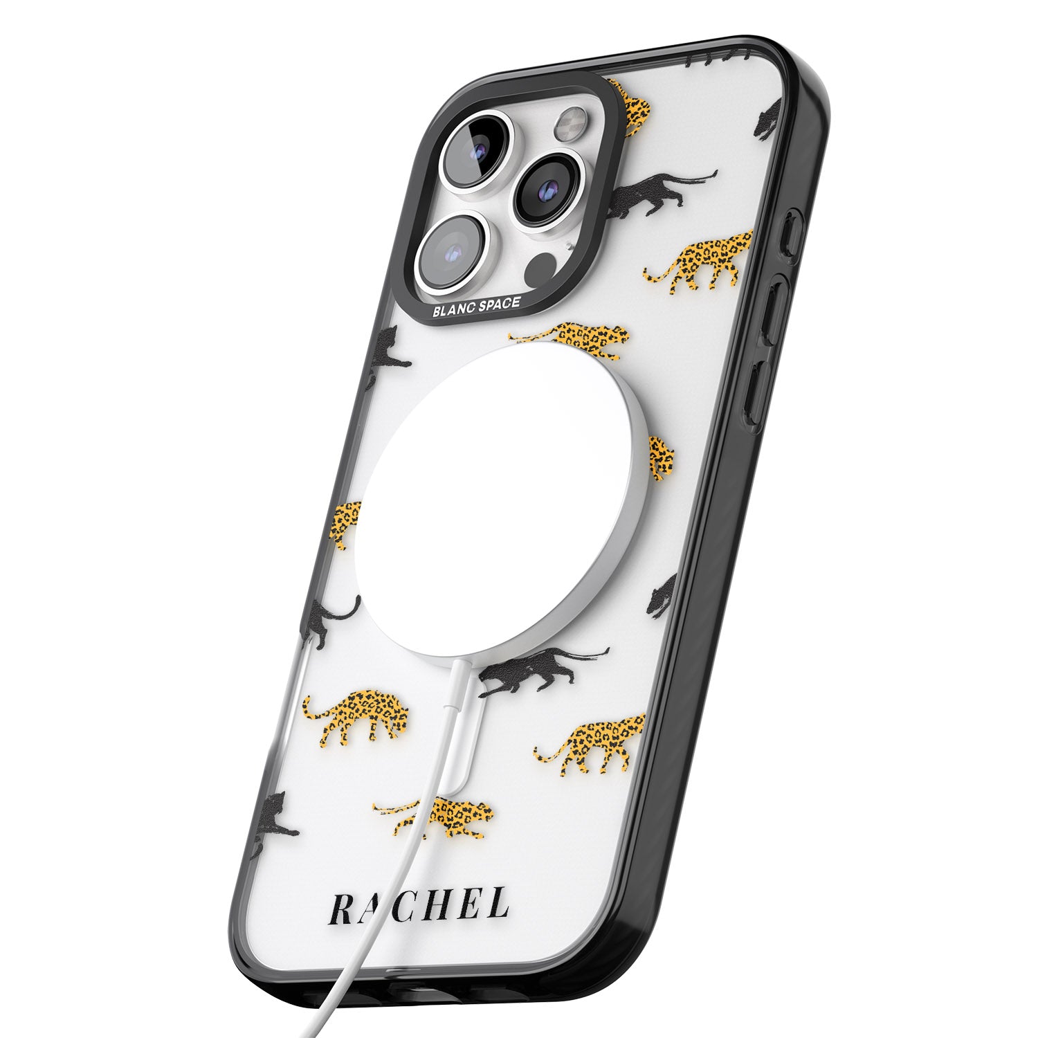iPhone 16 Pro Max Personalised Jaguar Pattern on Transparent Black Impact Phone Case