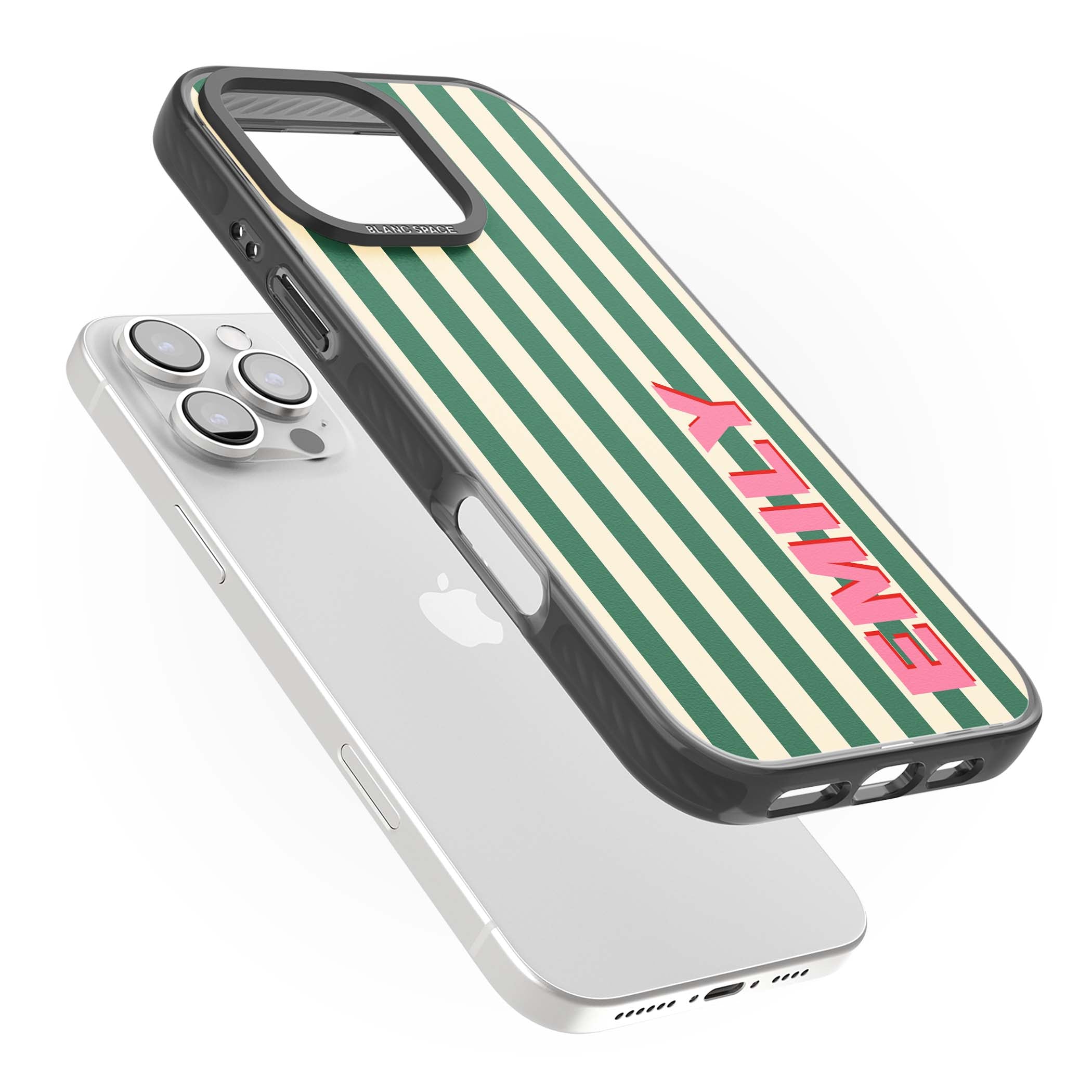 Wimbledon Stripe preppy iPhone case featuring green and cream vertical stripes with a personalised pink name | Black Impact Magsafe case for iPhone 16 Pro, iPhone 16 Pro Max
