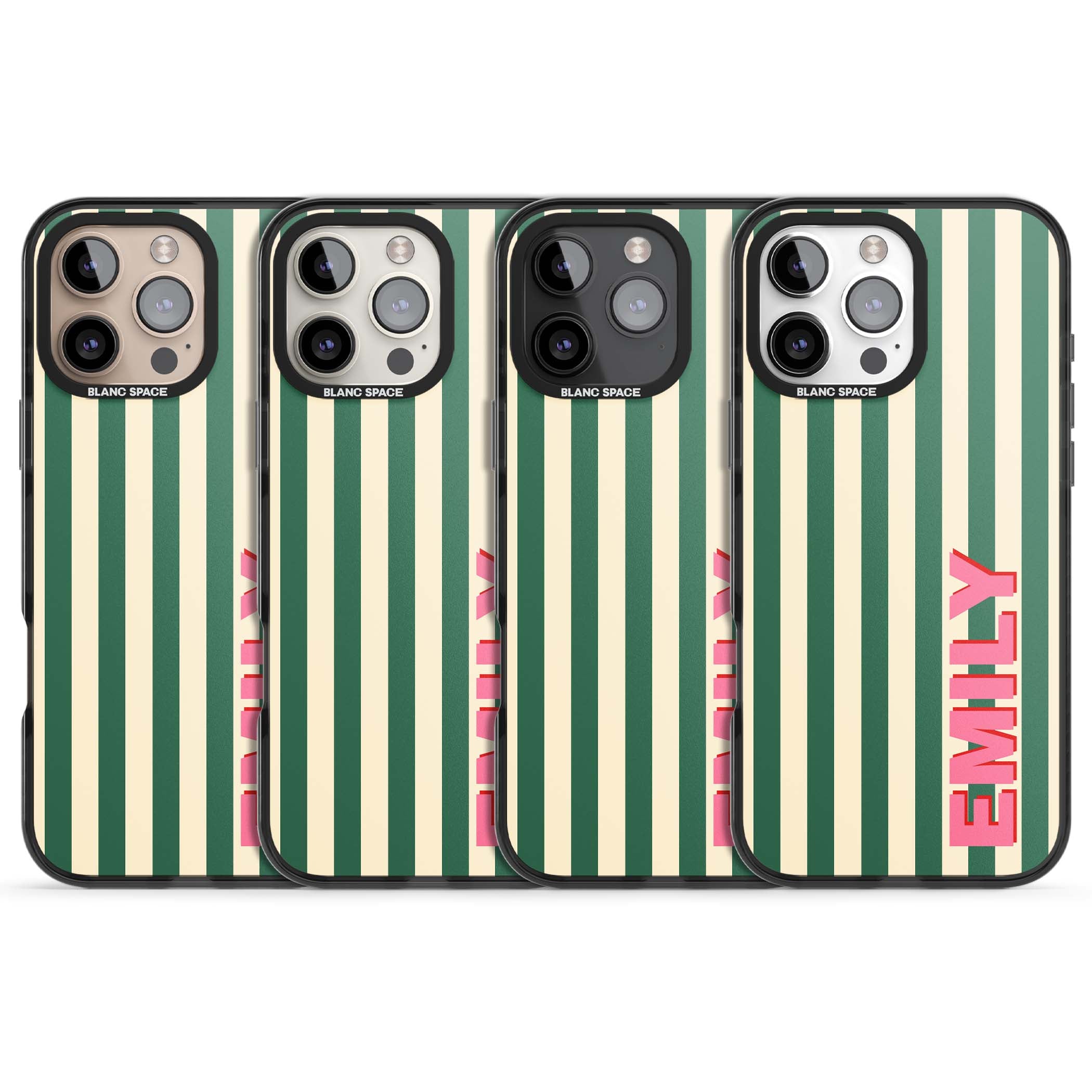 Wimbledon Stripe preppy iPhone case featuring green and cream vertical stripes with a personalised pink name | Black Impact Magsafe case for iPhone 16 Pro, iPhone 16 Pro Max