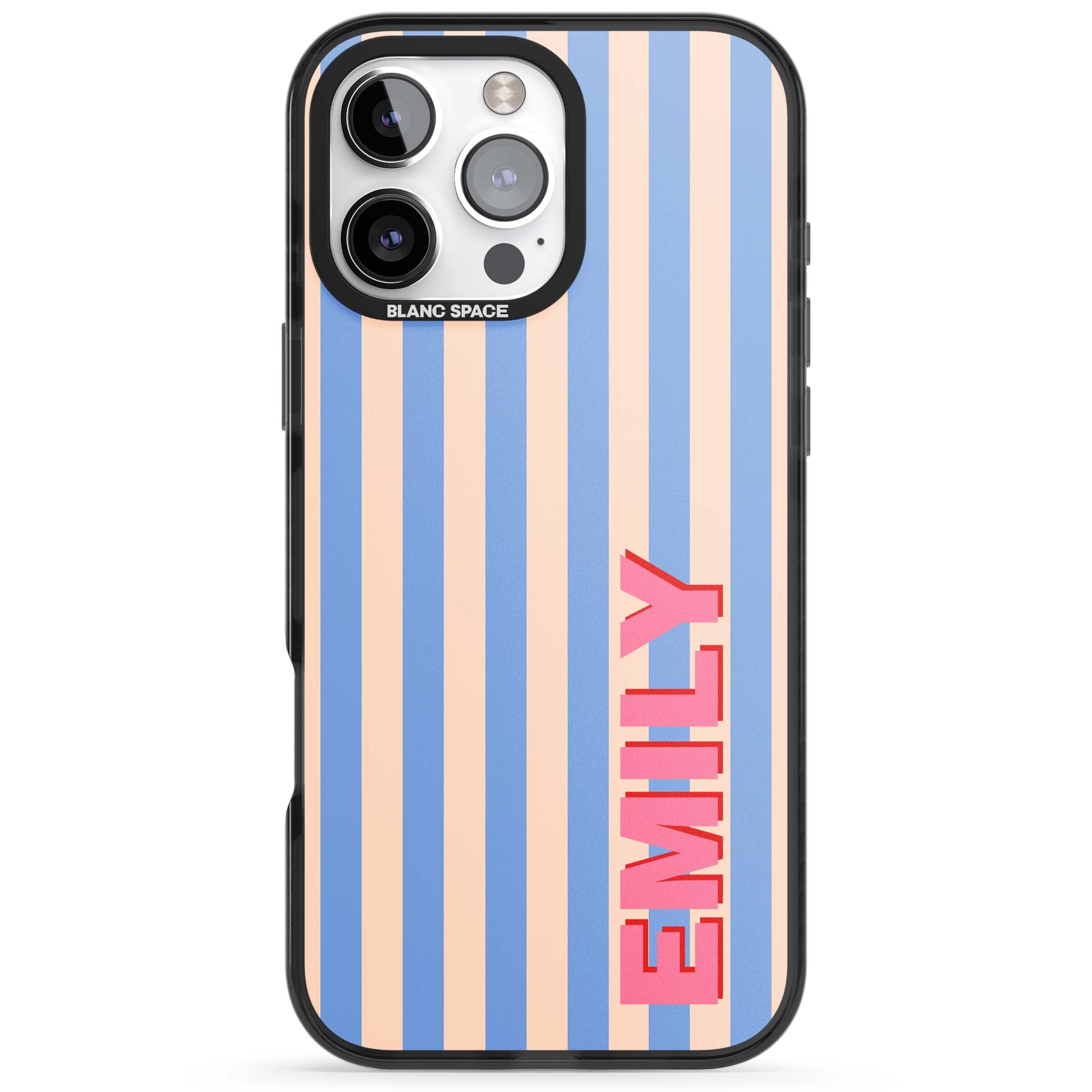 Coastal Stripe personalised coastal iPhone case with blue and peach vertical stripes and custom pink name | Black Impact Magsafe case for iPhone 16 Pro, iPhone 16 Pro Max