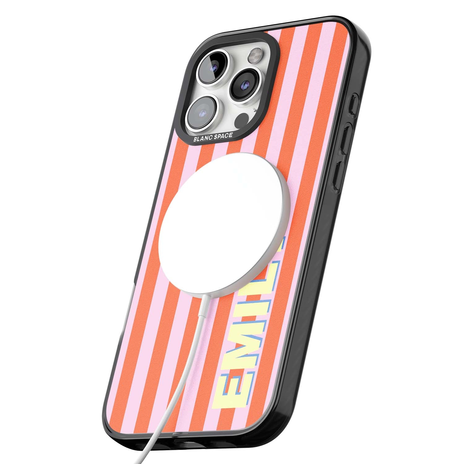 Havana Stripe personalised iPhone case featuring pink and orange vertical stripes with a custom yellow name | Black Impact Magsafe case for iPhone 16 Pro, iPhone 16 Pro Max